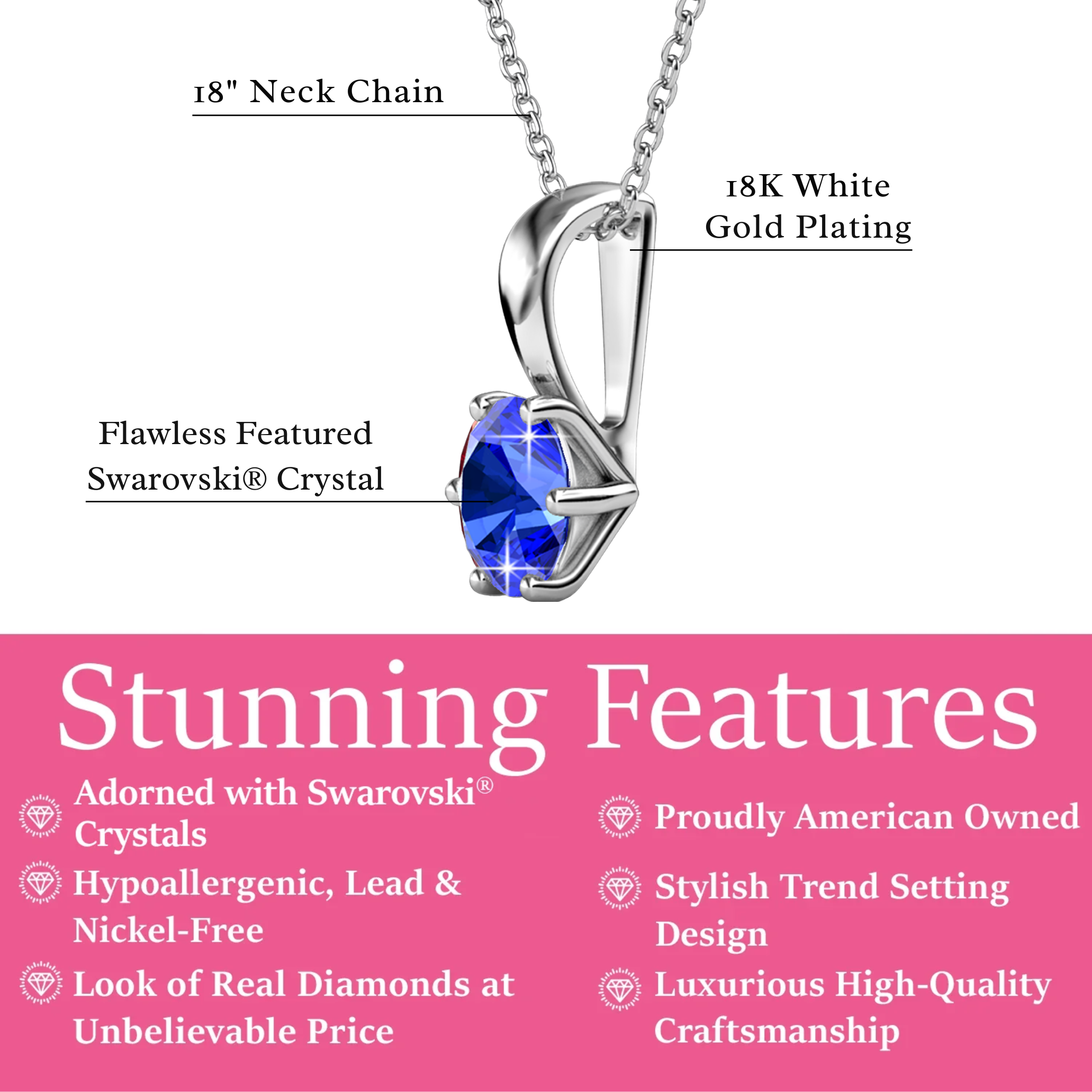 Birthstone Necklace 18k White Gold Plated Solitaire Necklace with 1ct Swarovski Crystal
