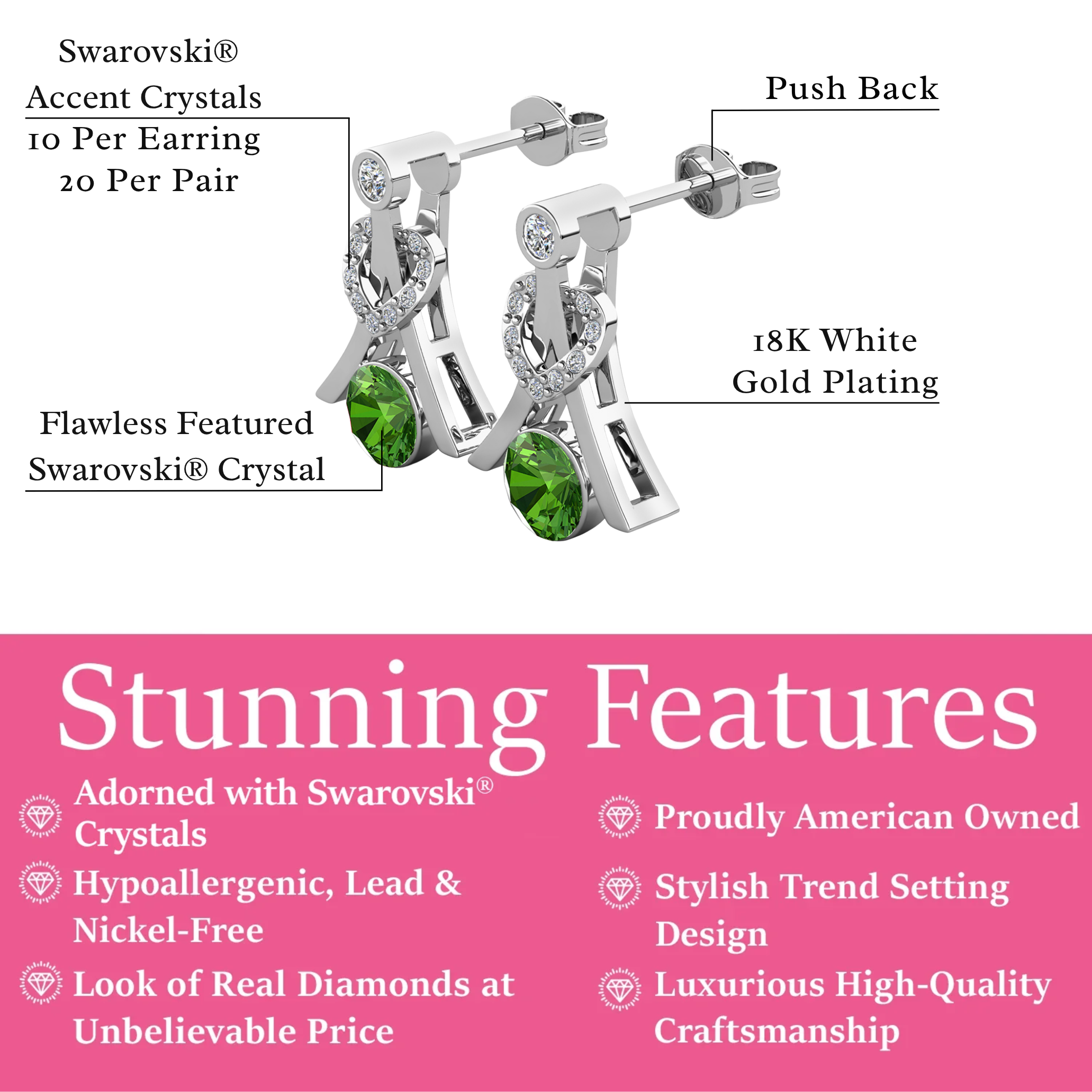 Serenity Birthstone 18k White Gold Plated Drop Earrings with Round Cut Swarovski Crystals
