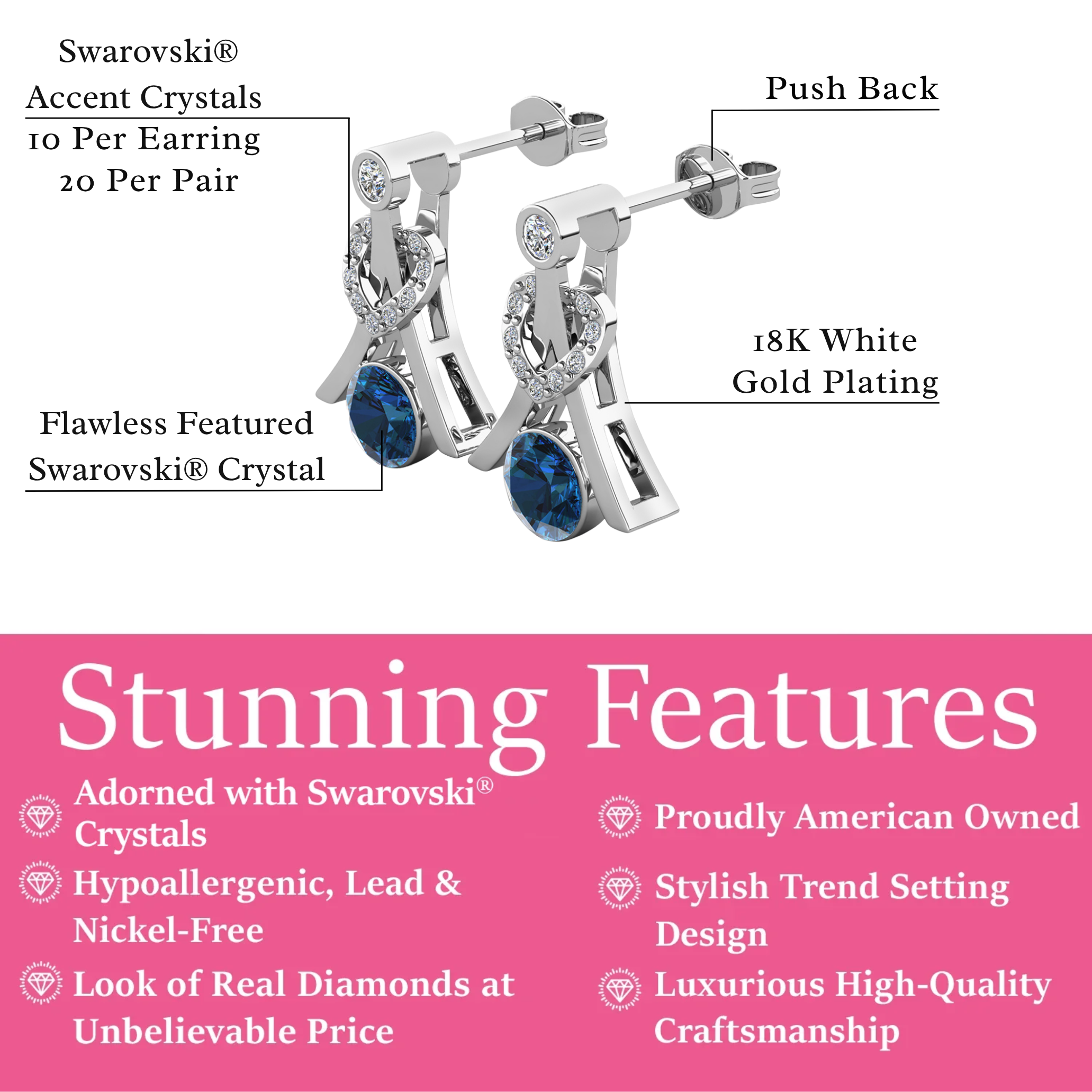 Serenity Birthstone 18k White Gold Plated Drop Earrings with Round Cut Swarovski Crystals