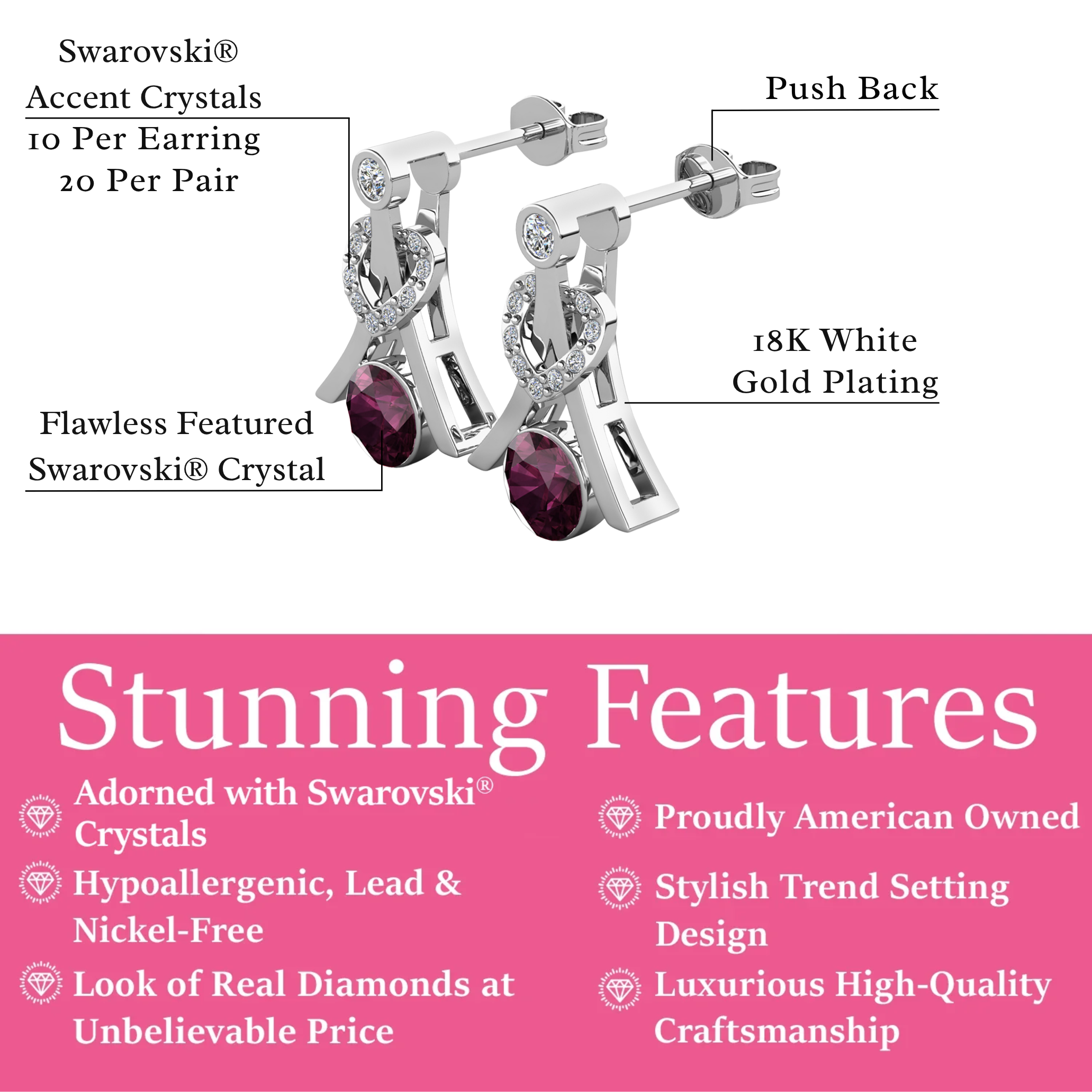 Serenity Birthstone 18k White Gold Plated Drop Earrings with Round Cut Swarovski Crystals