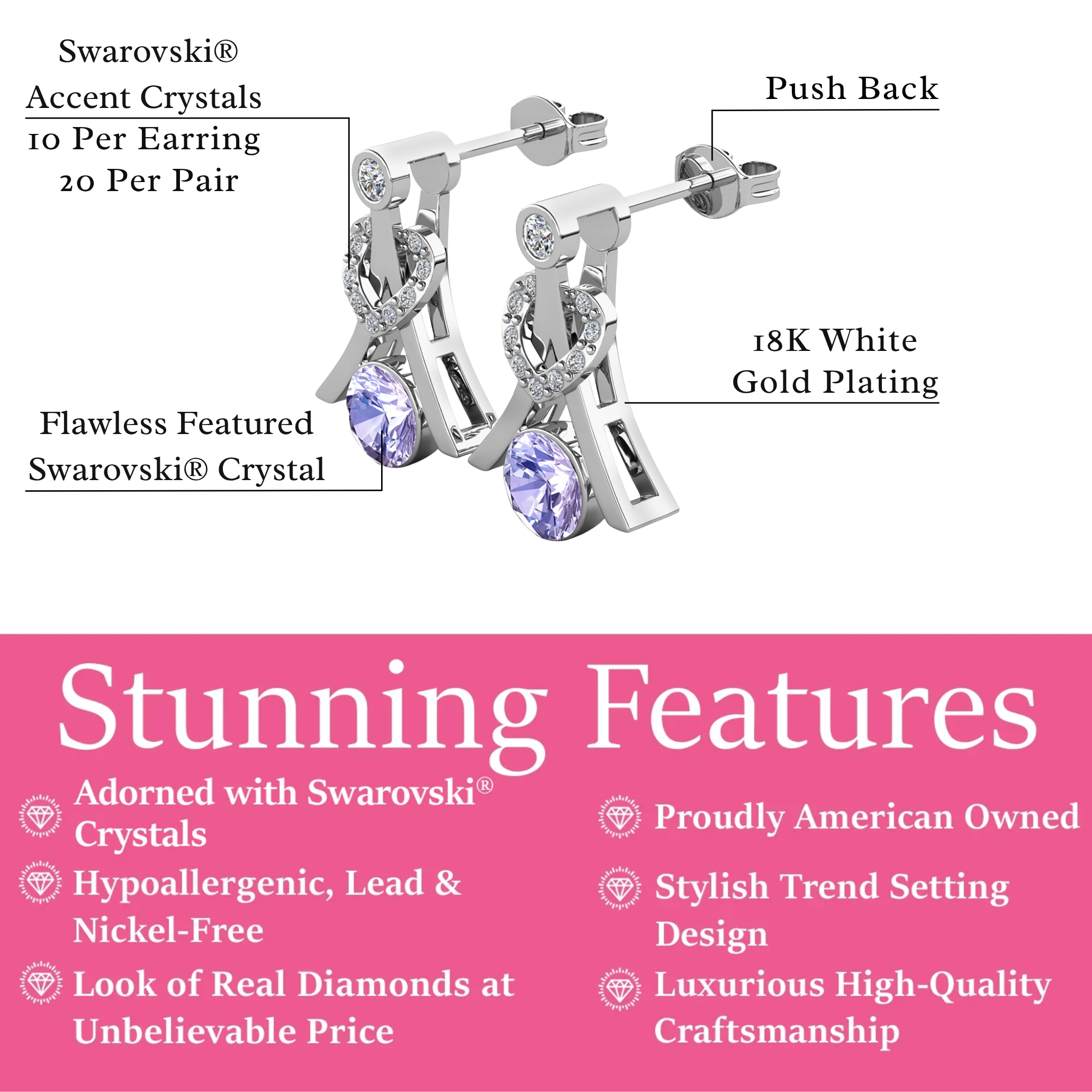 Serenity Birthstone 18k White Gold Plated Drop Earrings with Round Cut Swarovski Crystals