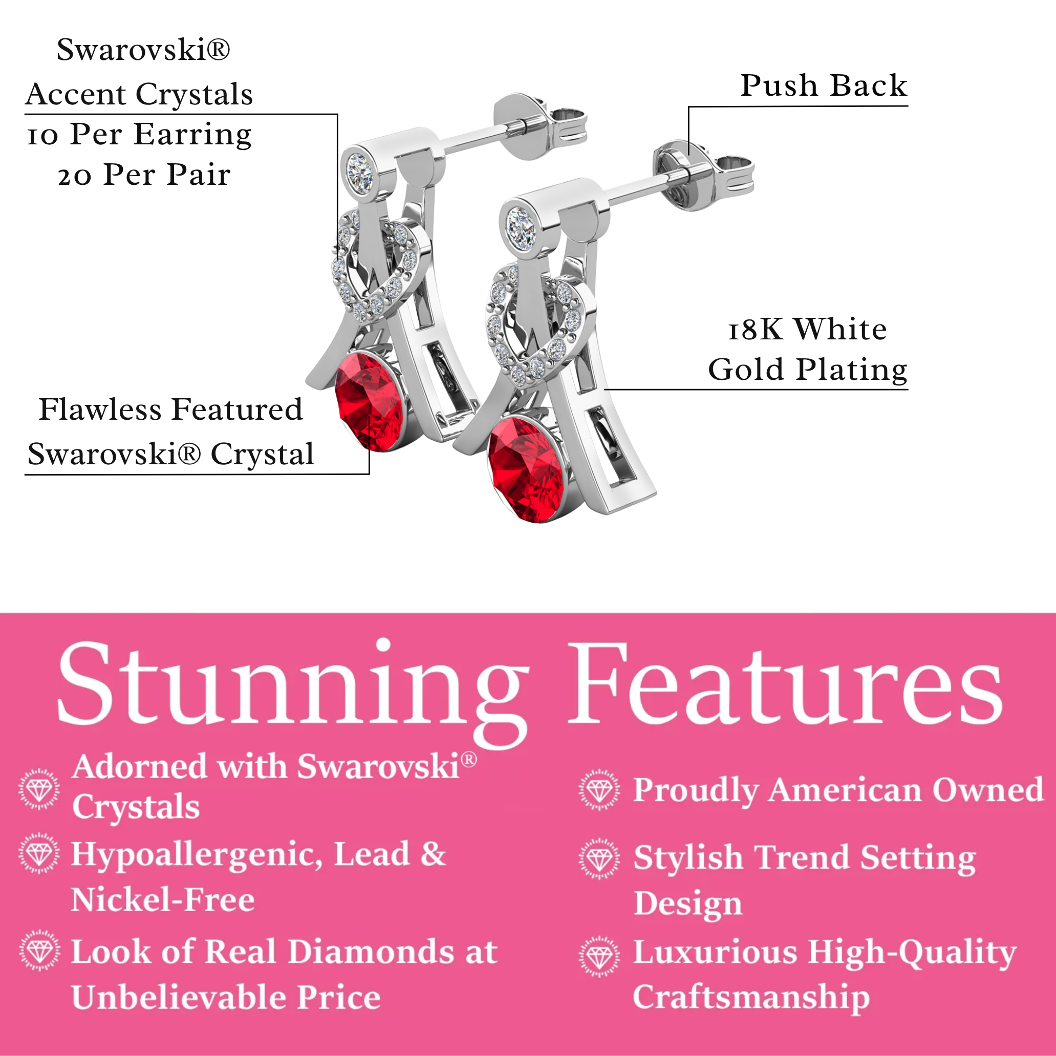 Serenity Birthstone 18k White Gold Plated Drop Earrings with Round Cut Swarovski Crystals