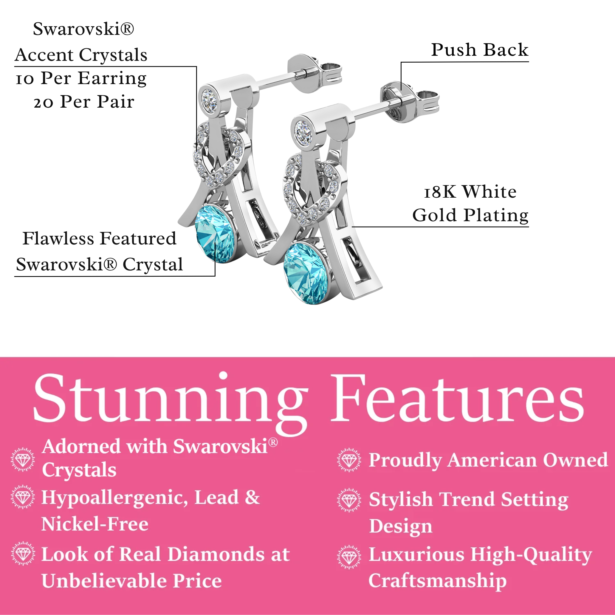 Serenity Birthstone 18k White Gold Plated Drop Earrings with Round Cut Swarovski Crystals