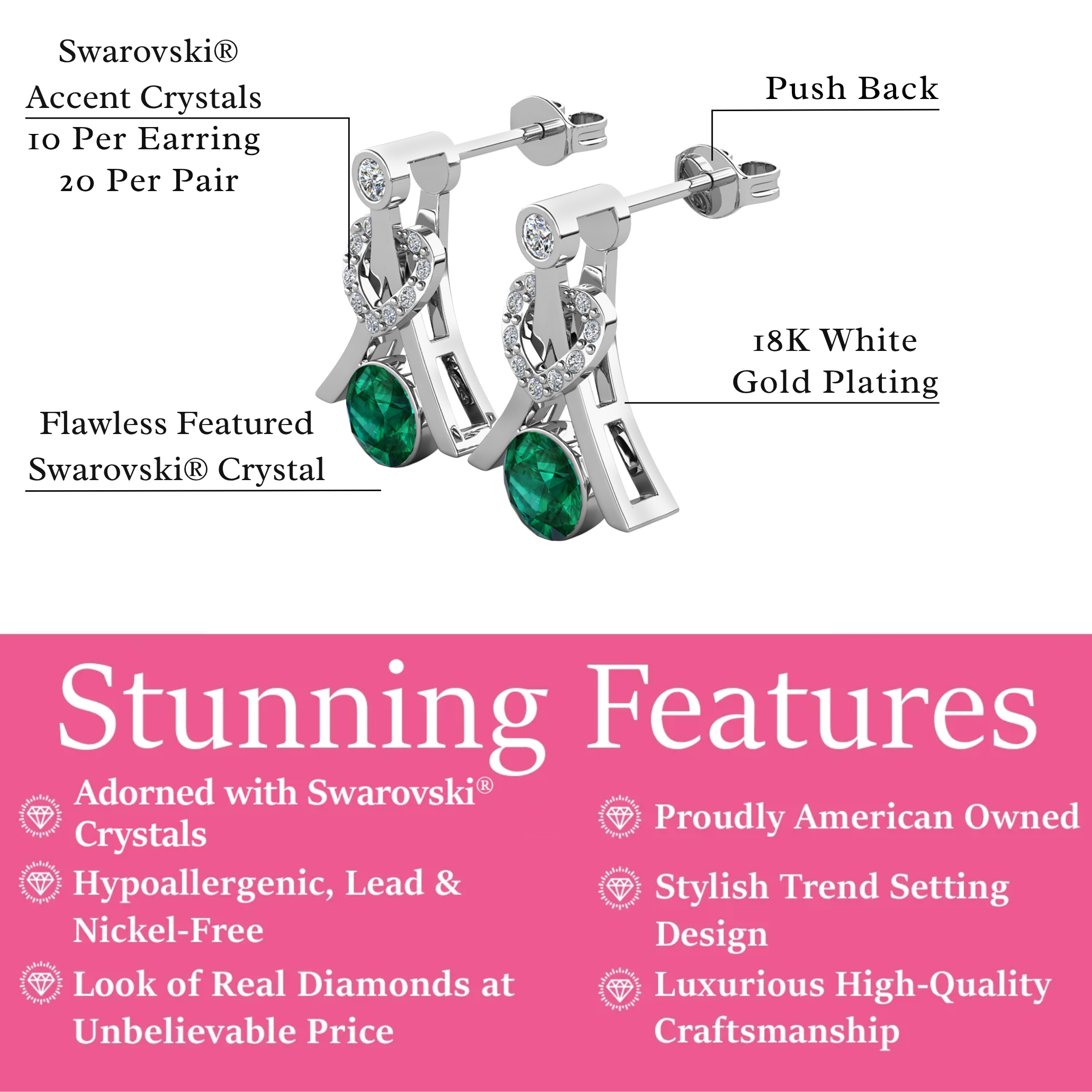 Serenity Birthstone 18k White Gold Plated Drop Earrings with Round Cut Swarovski Crystals