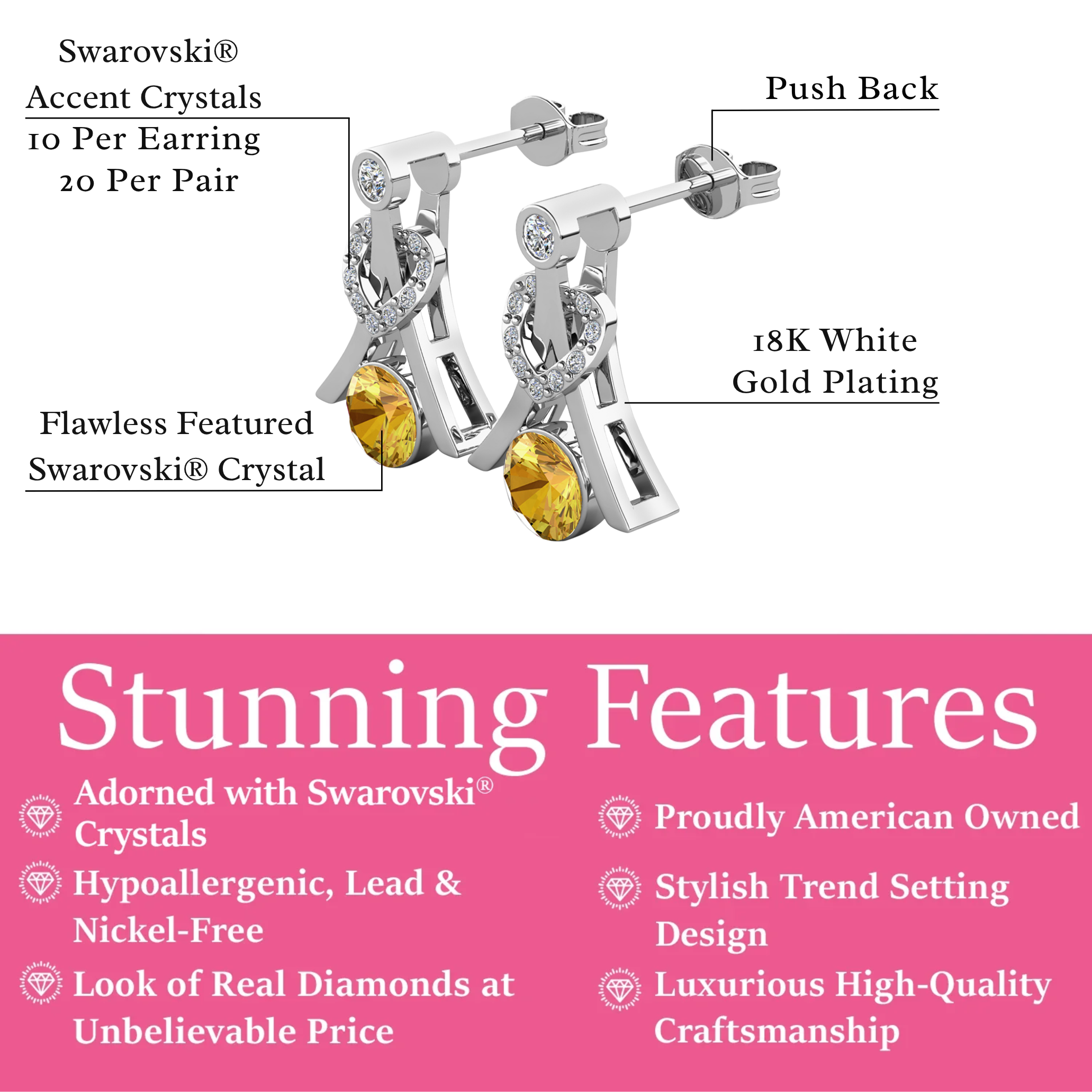 Serenity Birthstone 18k White Gold Plated Drop Earrings with Round Cut Swarovski Crystals