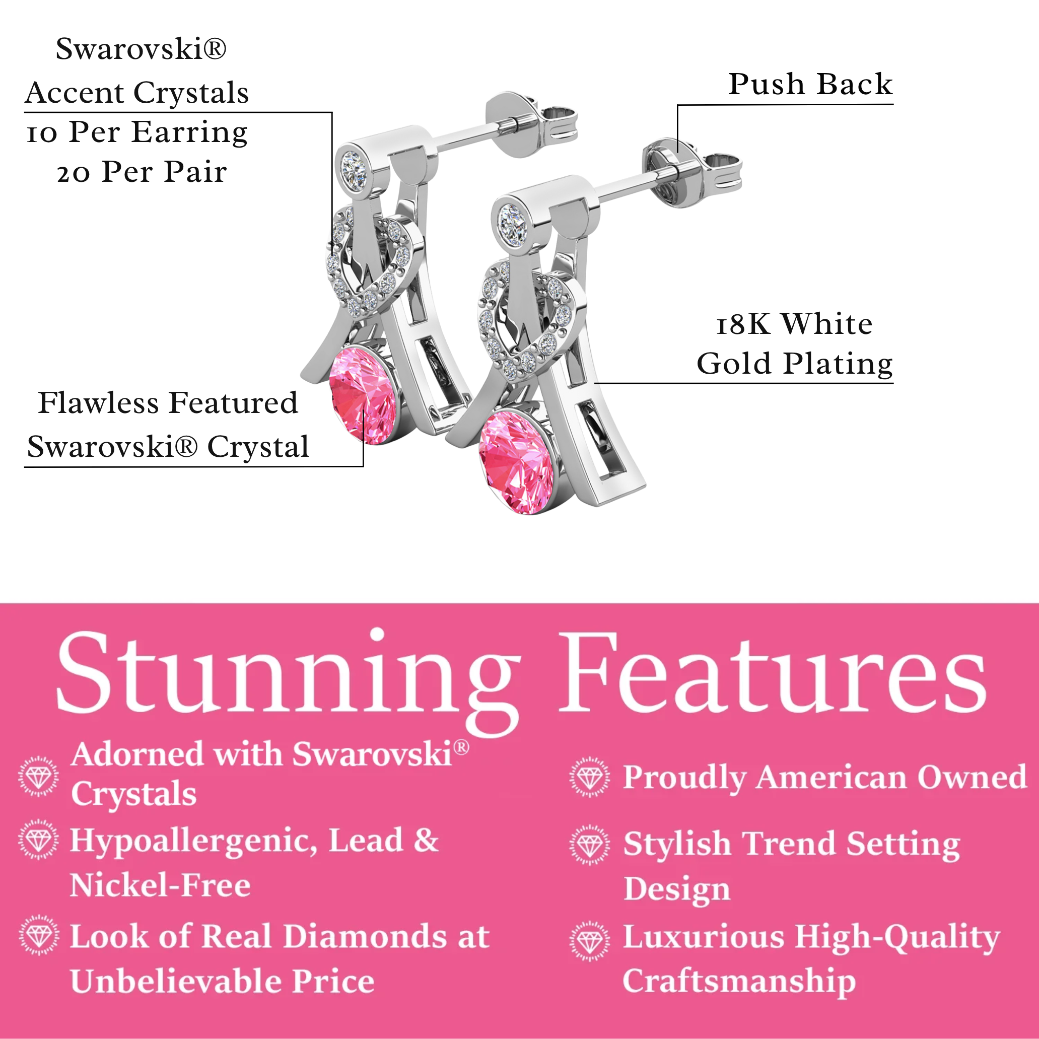 Serenity Birthstone 18k White Gold Plated Drop Earrings with Round Cut Swarovski Crystals