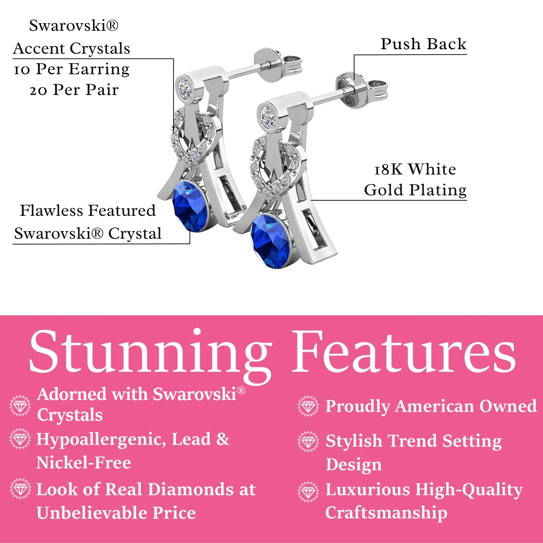 Serenity Birthstone 18k White Gold Plated Drop Earrings with Round Cut Swarovski Crystals