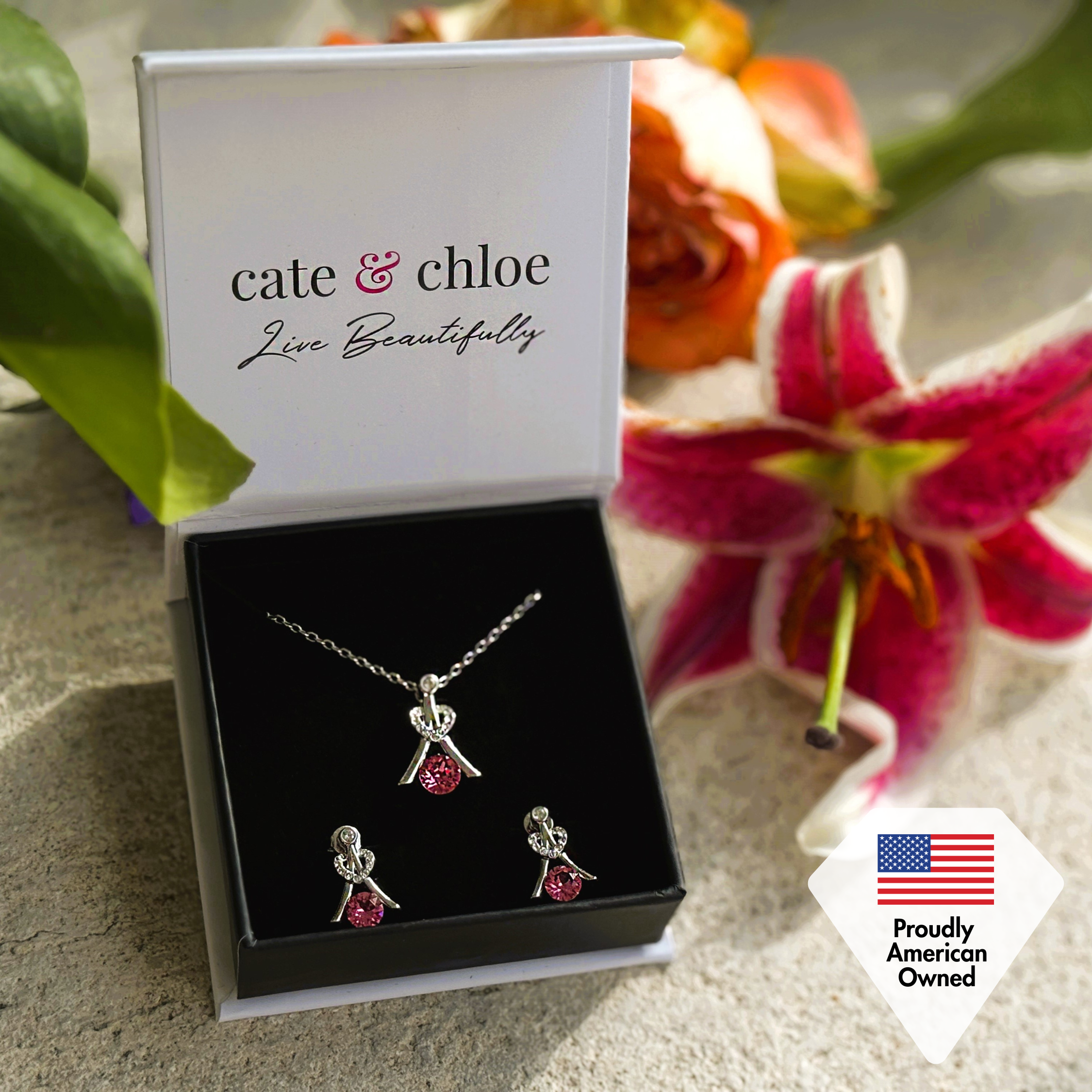 Serenity Birthstone 18k White Gold Plated Drop Earrings and Necklace Set with Swarovski Crystals