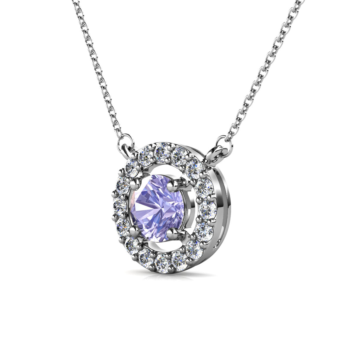皇家六月生日石紫翠玉项链，镀 18k 白金银色光环项链，圆形切割水晶