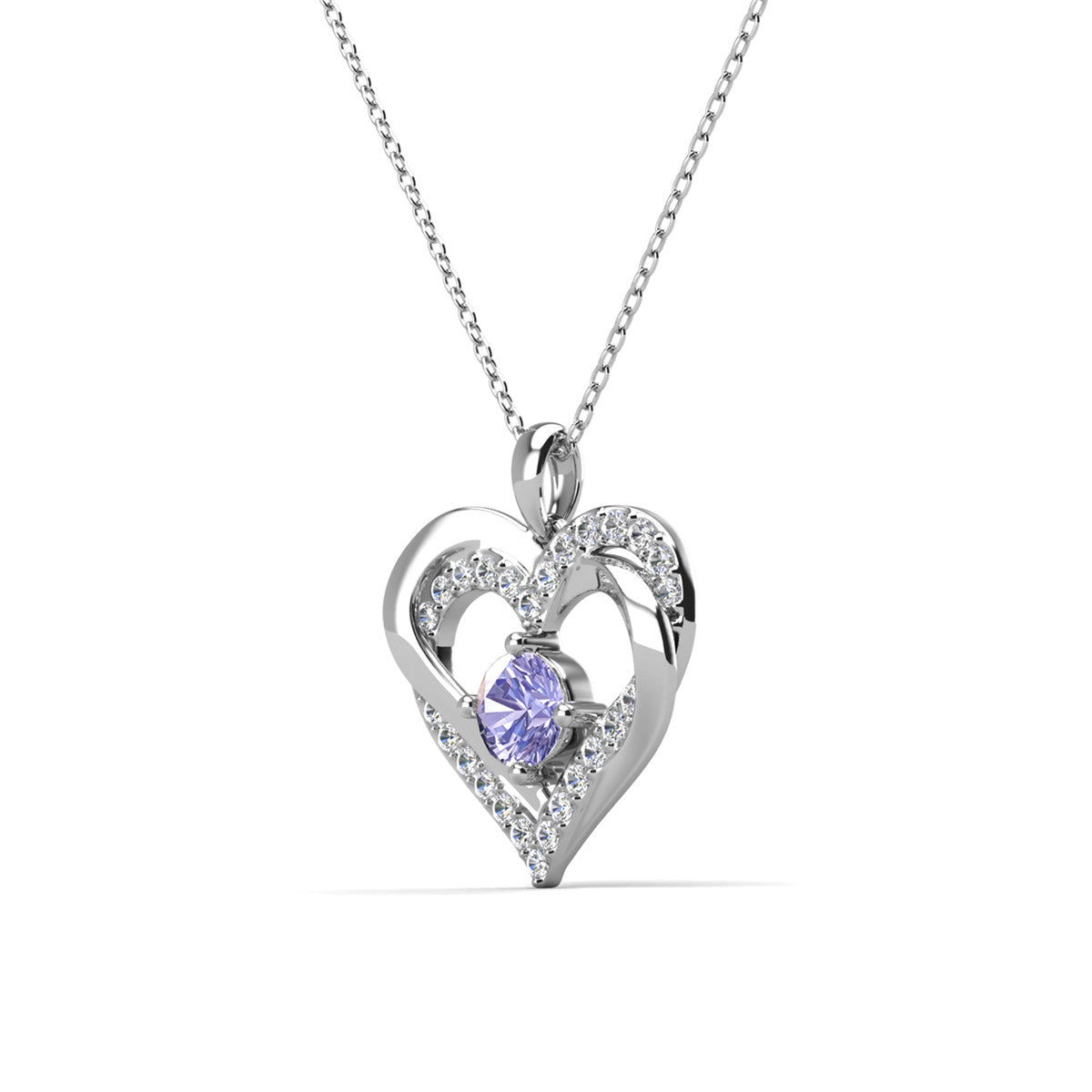 Forever June Birthstone Alexandrite Necklace, 18k White Gold Plated Silver Double Heart Crystal Necklace