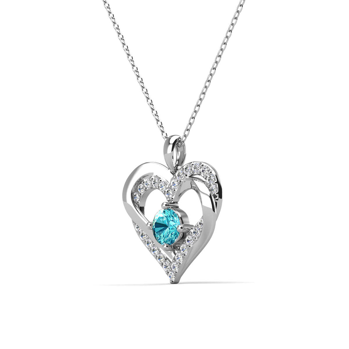 Forever March Birthstone 18k White Gold Plated Silver Double Heart Diamond Necklace with Swarovski Crystals