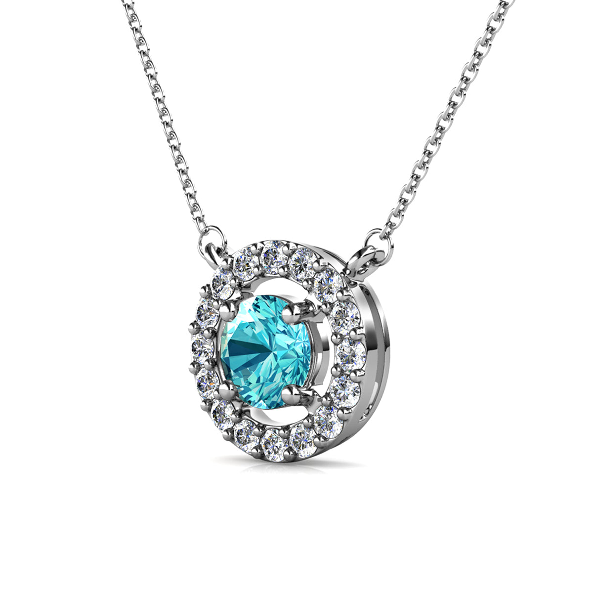 Royal 18k White Gold Plated March Birthstone Halo Necklace with Round Cut Aquamarine Swarovski Crystals