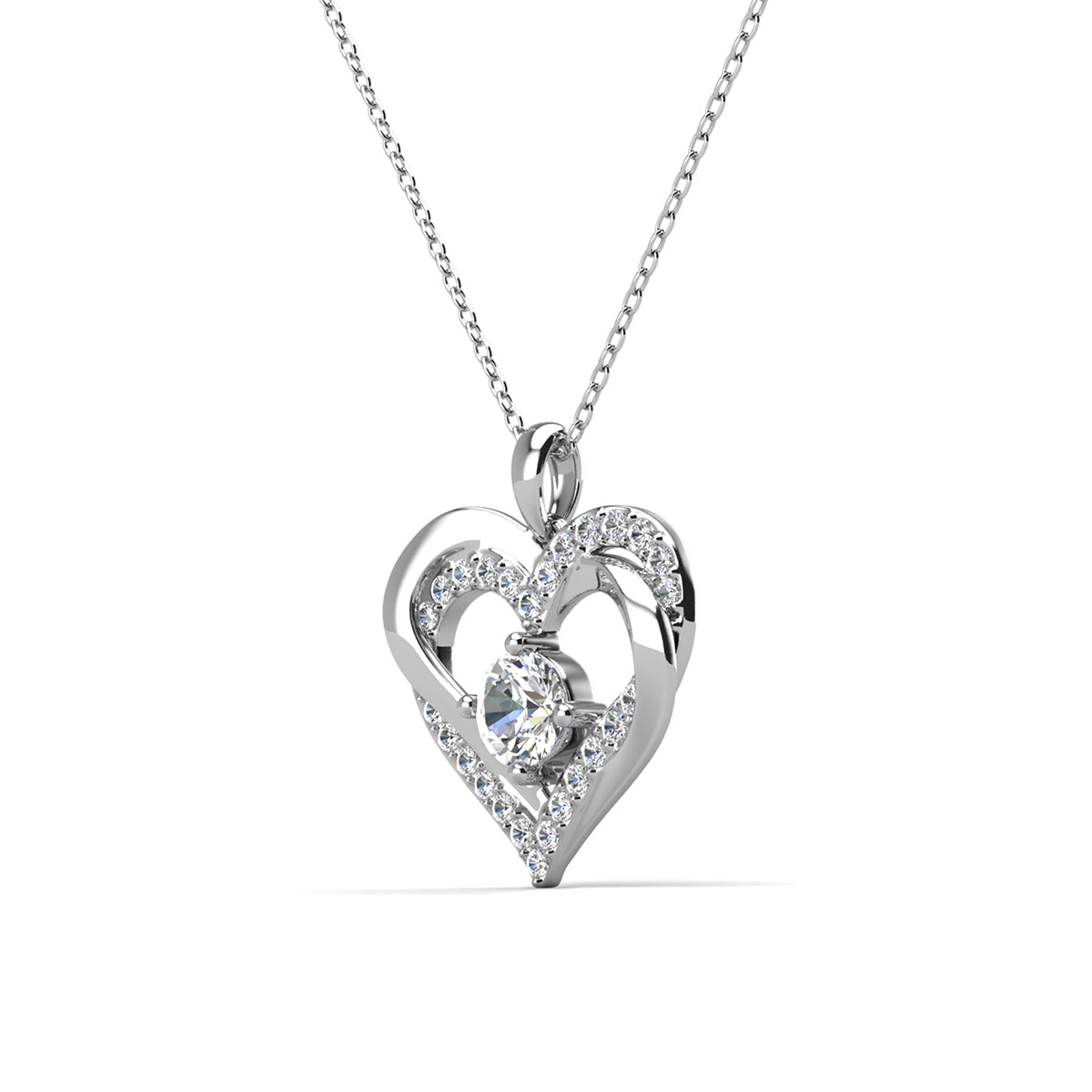 Forever 18k White Gold Plated Birthstone Double Heart Necklace with Swarovski Crystals