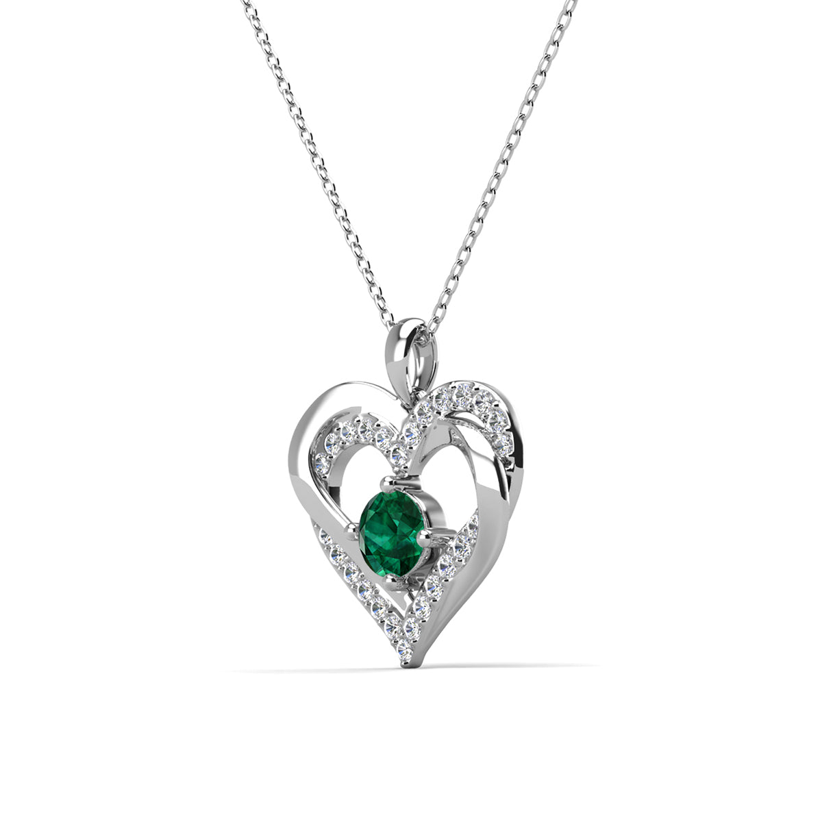 Forever May Birthstone 18k White Gold Plated Silver Double Heart Diamond Necklace with Swarovski Crystals