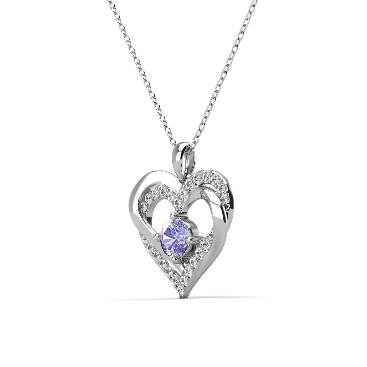 Forever June Birthstone 18k White Gold Plated Silver Double Heart Diamond Necklace with Swarovski Crystals