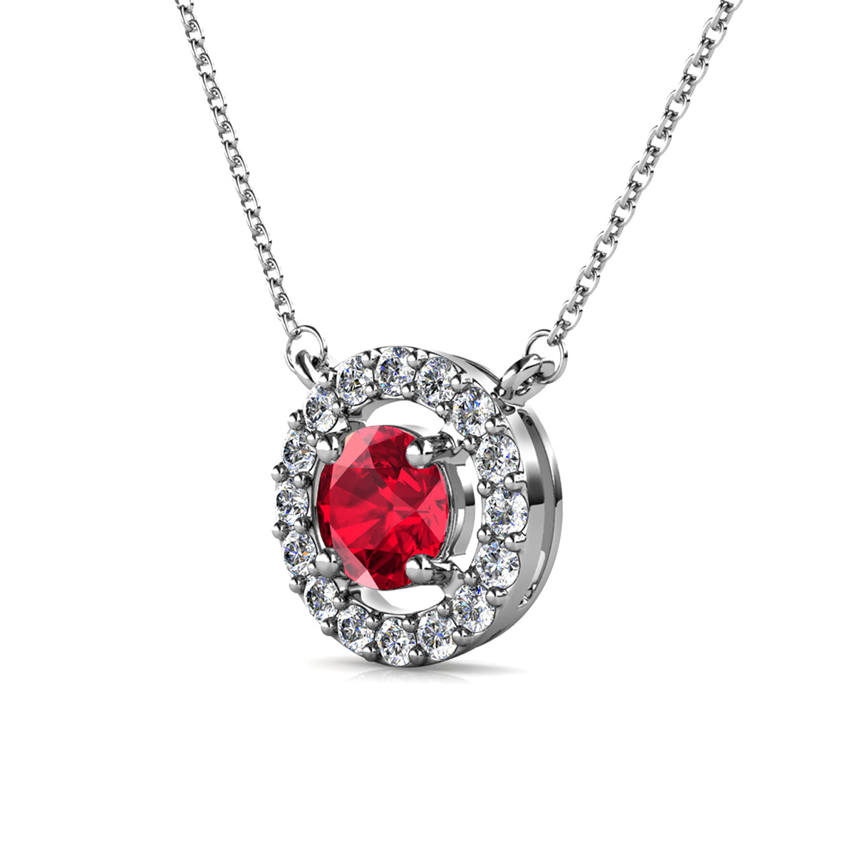 Royal 18k White Gold Plated July Birthstone Halo Necklace with Round Cut Ruby Red Swarovski Crystals