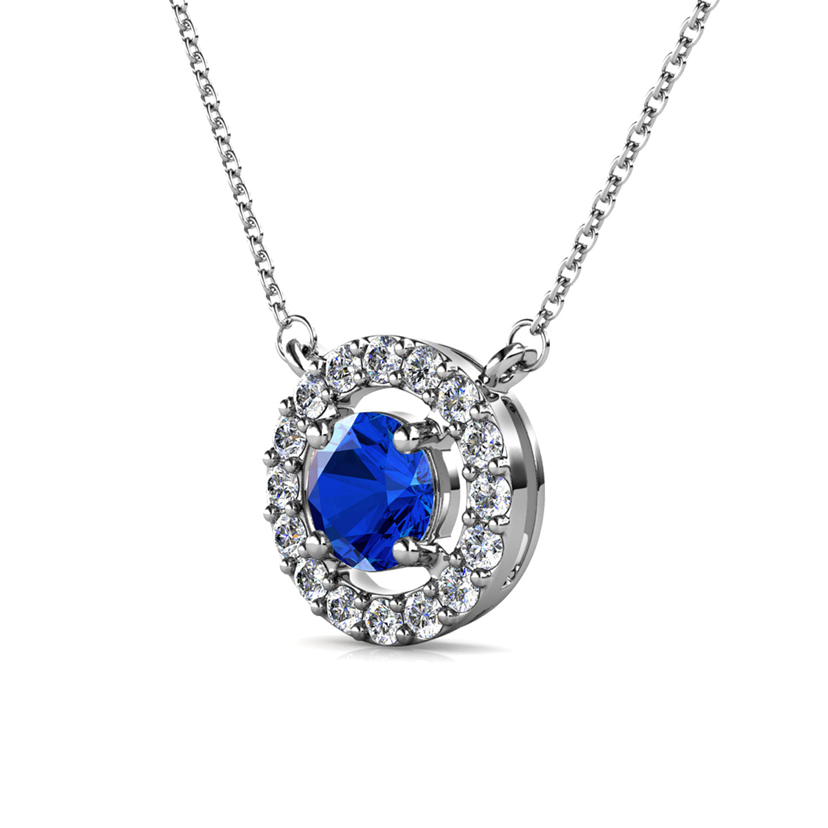 Royal 18k White Gold Plated September Birthstone Halo Necklace with Round Cut Sapphire Swarovski Crystals