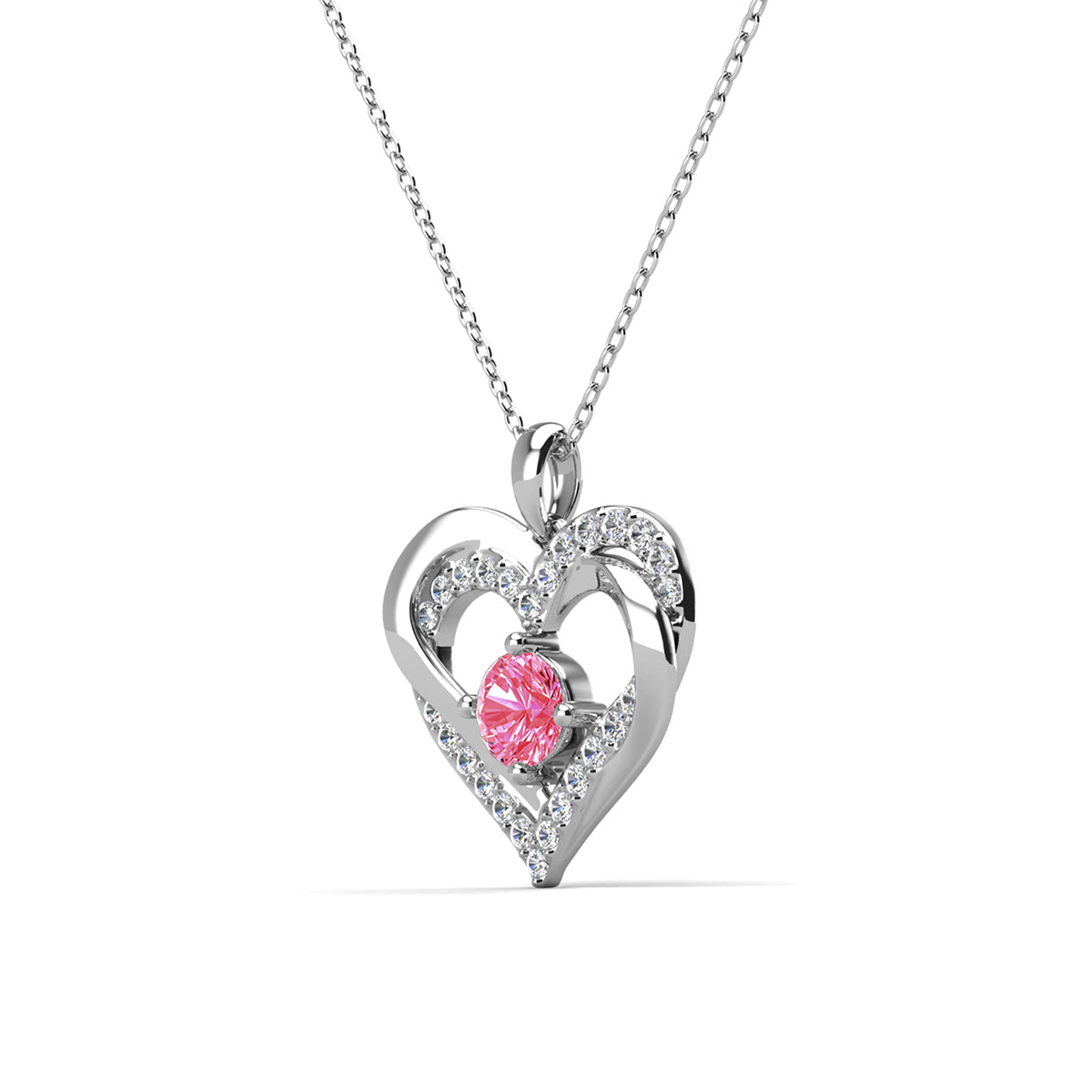 Forever October Birthstone 18k White Gold Plated Silver Double Heart Diamond Necklace with Swarovski Crystals