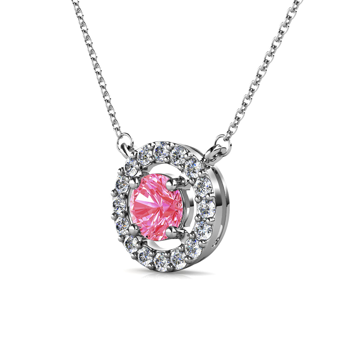 Royal 18k White Gold Plated October Birthstone Halo Necklace with Round Cut Pink Tourmaline Swarovski Crystals