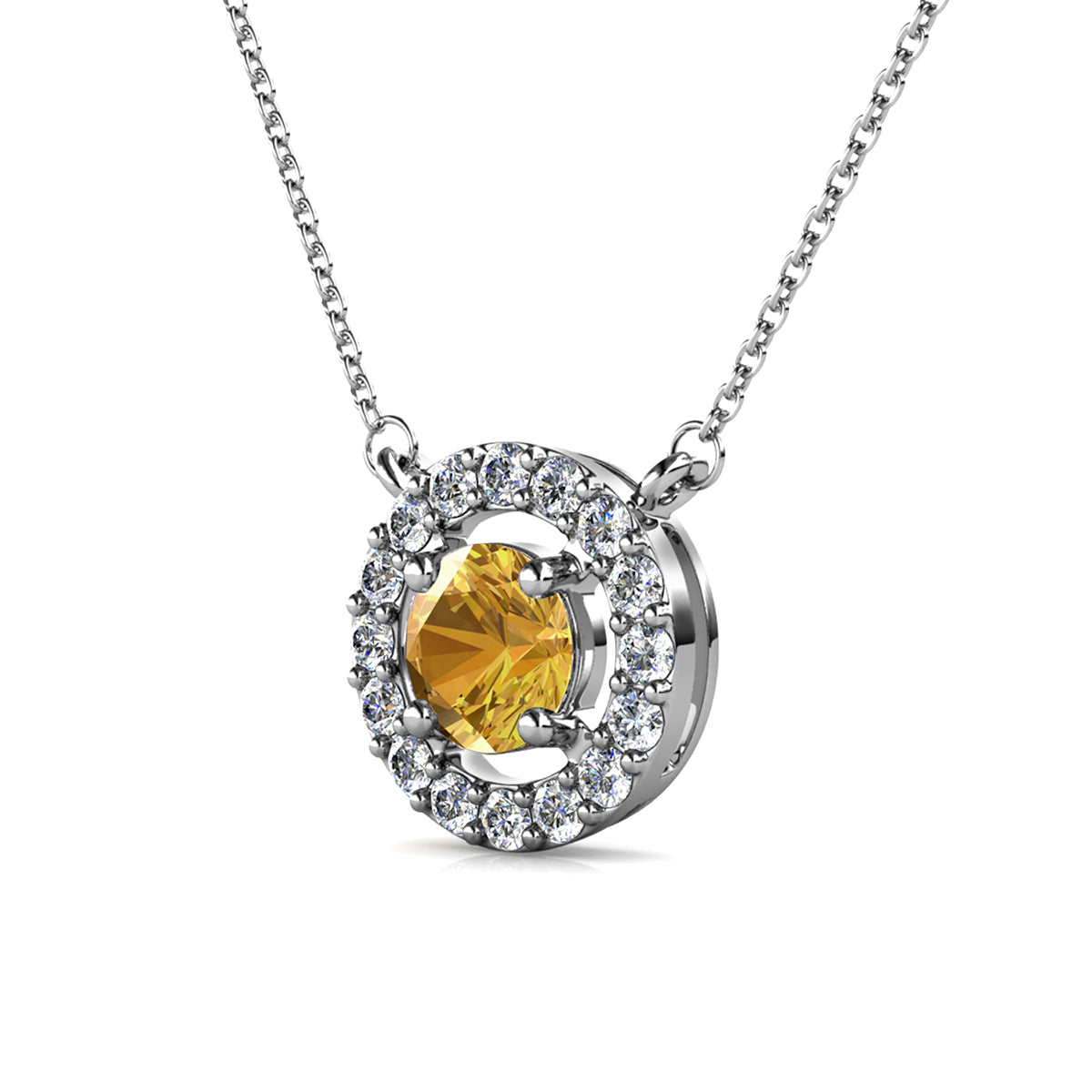 Royal 18k White Gold Plated November Birthstone Halo Necklace with Round Cut Citrine Swarovski Crystals