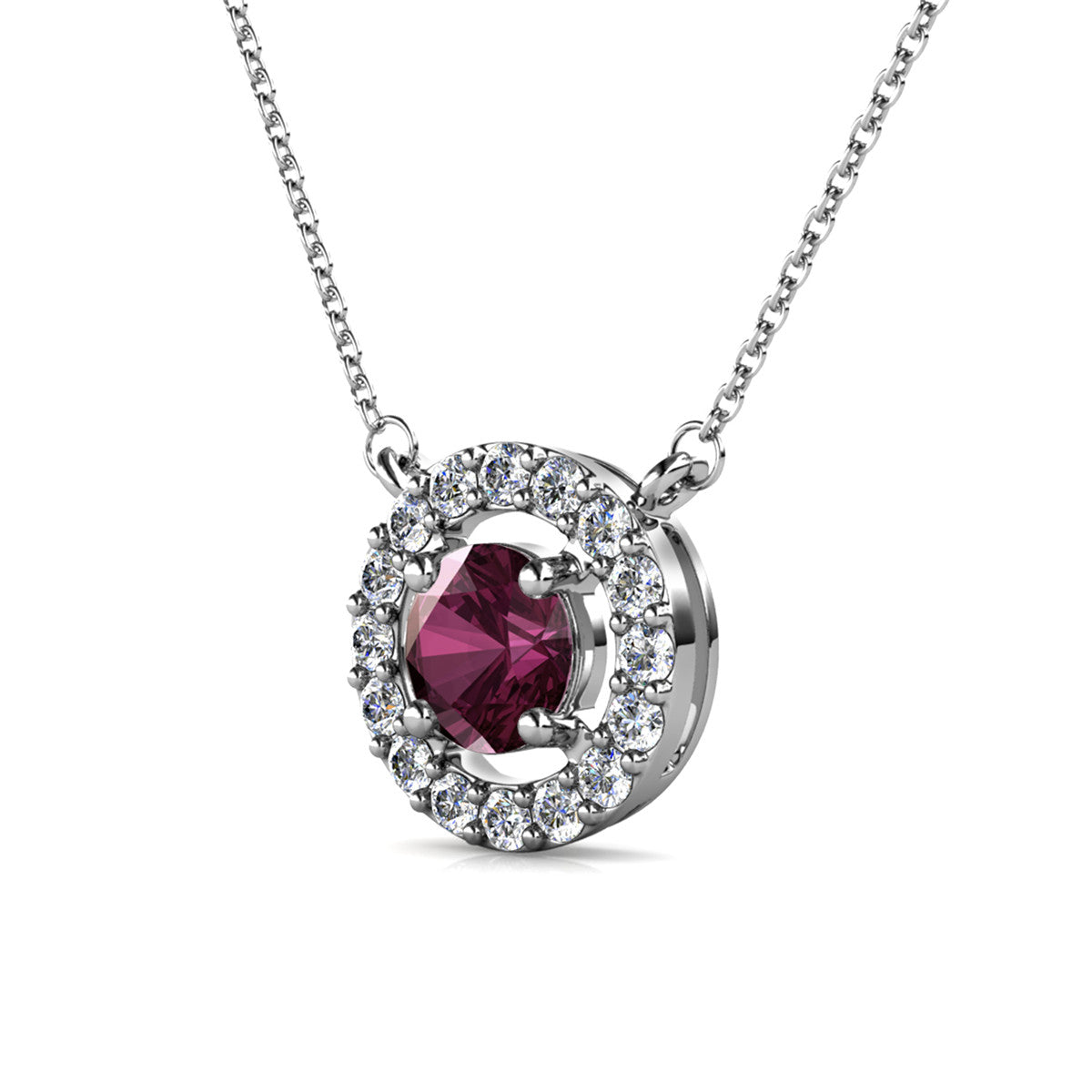 Royal February Birthstone Amethyst Necklace, 18k White Gold Plated Silver Halo Necklace with Round Cut Crystal