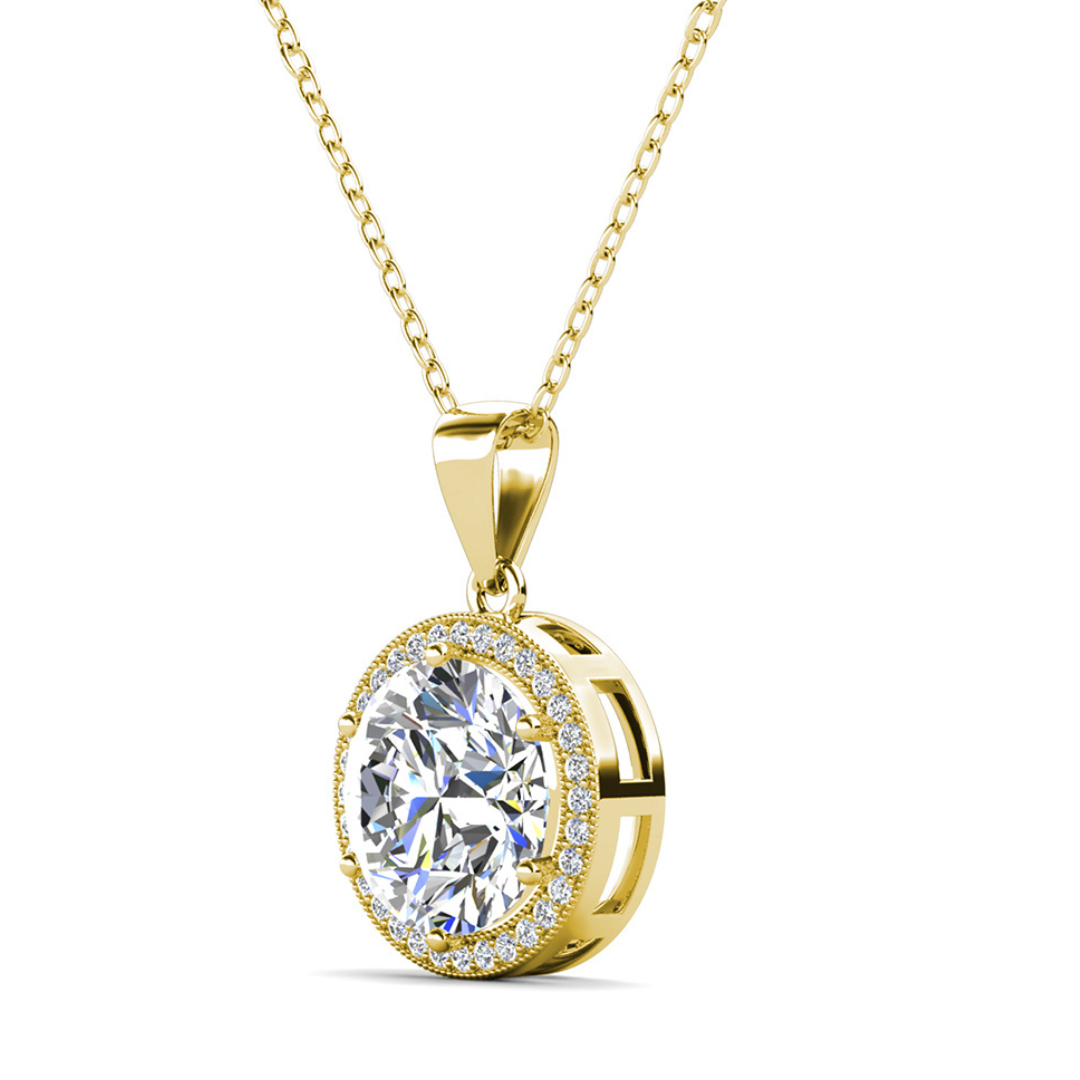 Mariah 18k Gold Round Cut  Halo Pendant Necklace  with Simulated Diamond Crystal