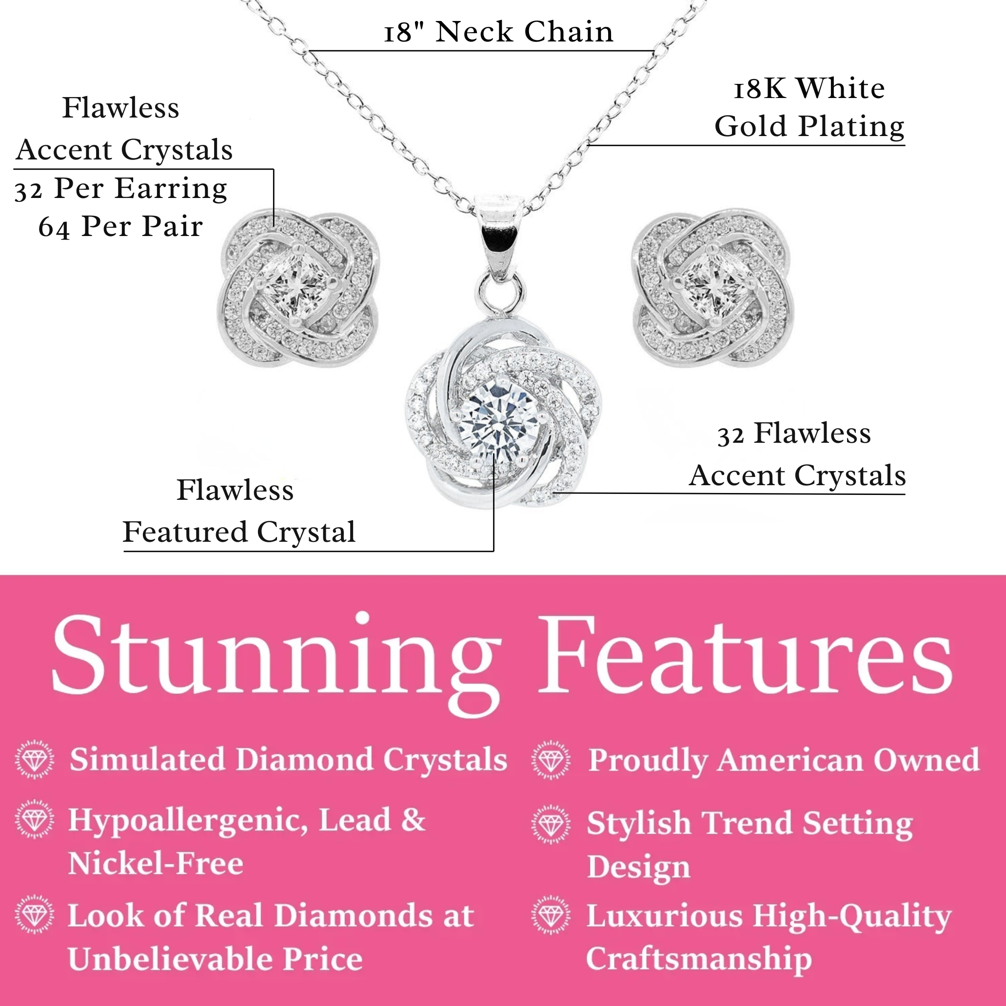 Stella“Cosmic”18k 白金镀晶锆石吊坠项链和耳环珠宝套装