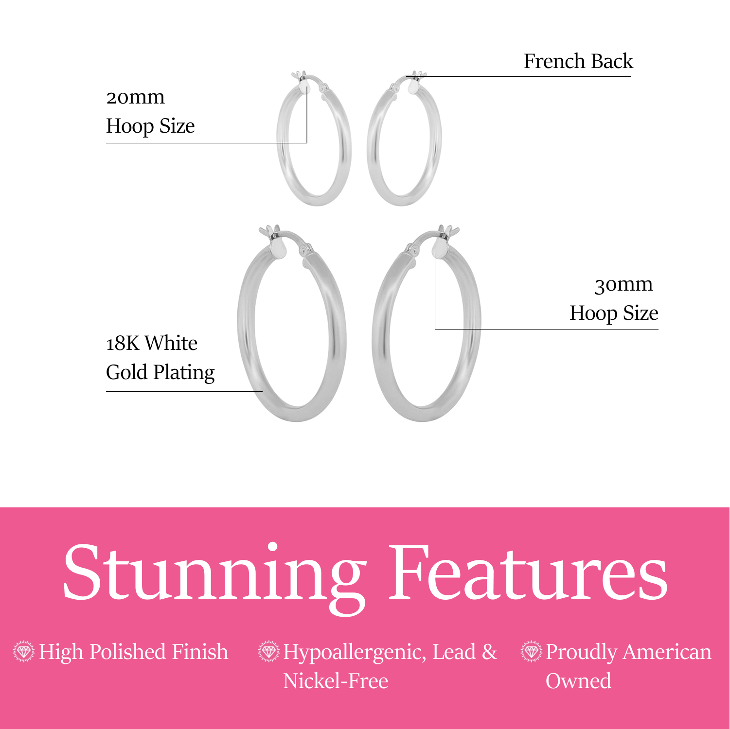 Pack of 2 - Amy 18k White Gold Plated 20/30mm Hoop Earrings