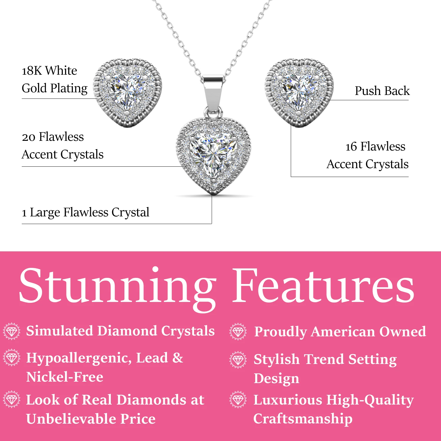 Coraline 18k White Gold Plated Heart Stud Earrings and Necklace Jewelry Set with Simulated Diamond Crystals