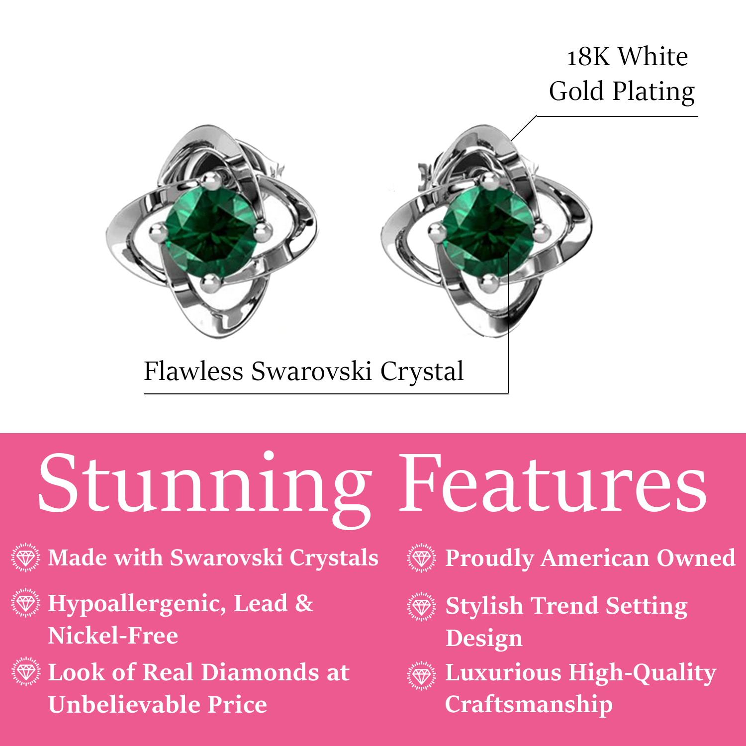 Infinity May Birthstone Emerald Earrings 18k White Gold Plated Silver Birthstone Earrings with Swarovski Crystals