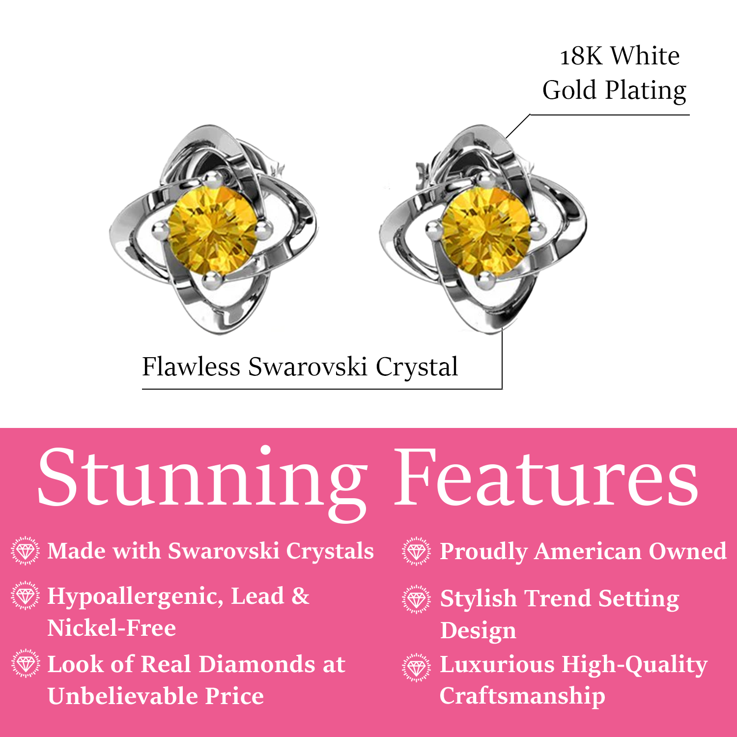 Infinity November Birthstone Citrine Earrings 18k White Gold Plated Silver Birthstone Earrings with Swarovski Crystals