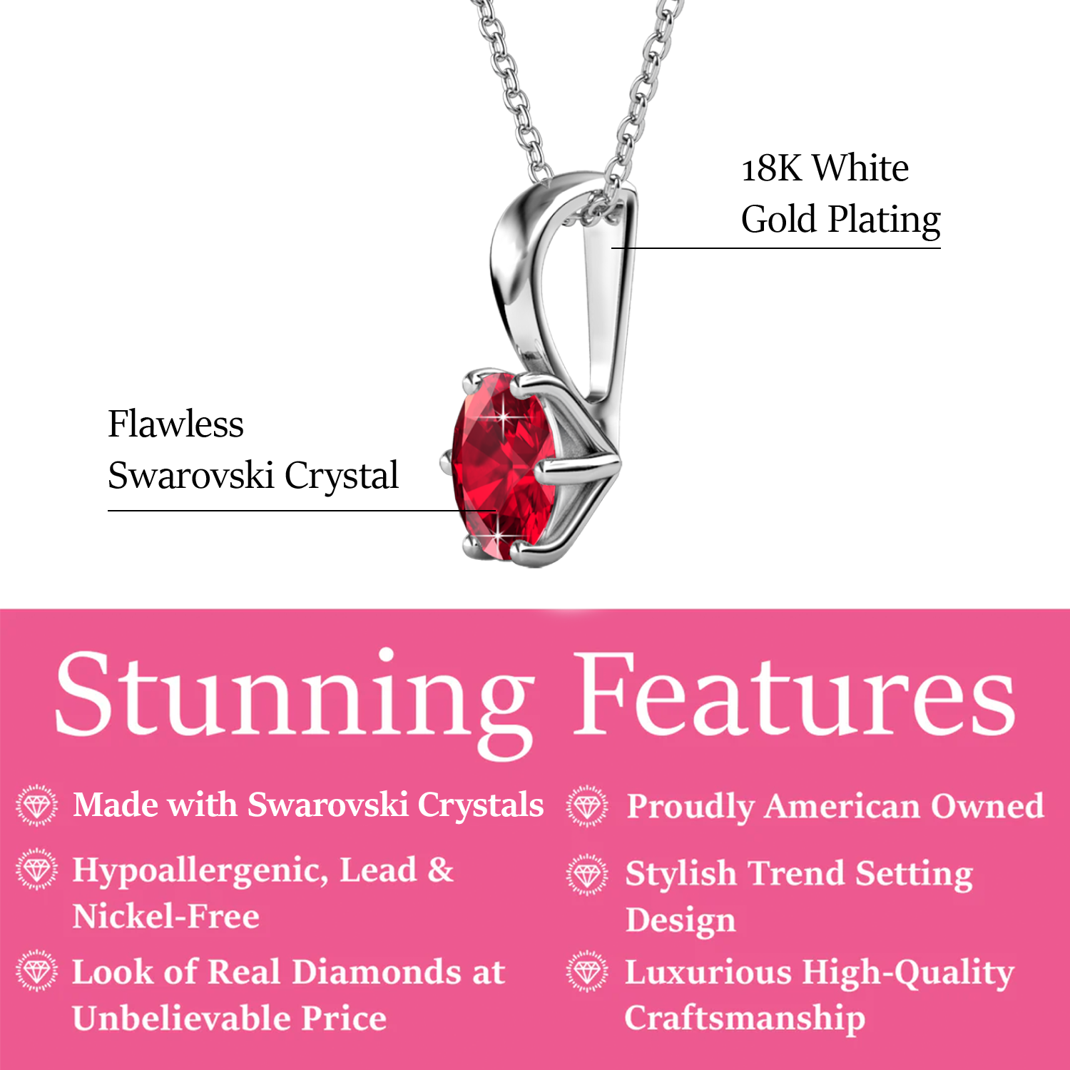 January Birthstone Garnet Necklace 18k White Gold Plated Solitaire Necklace with 1CT Swarovski Crystal