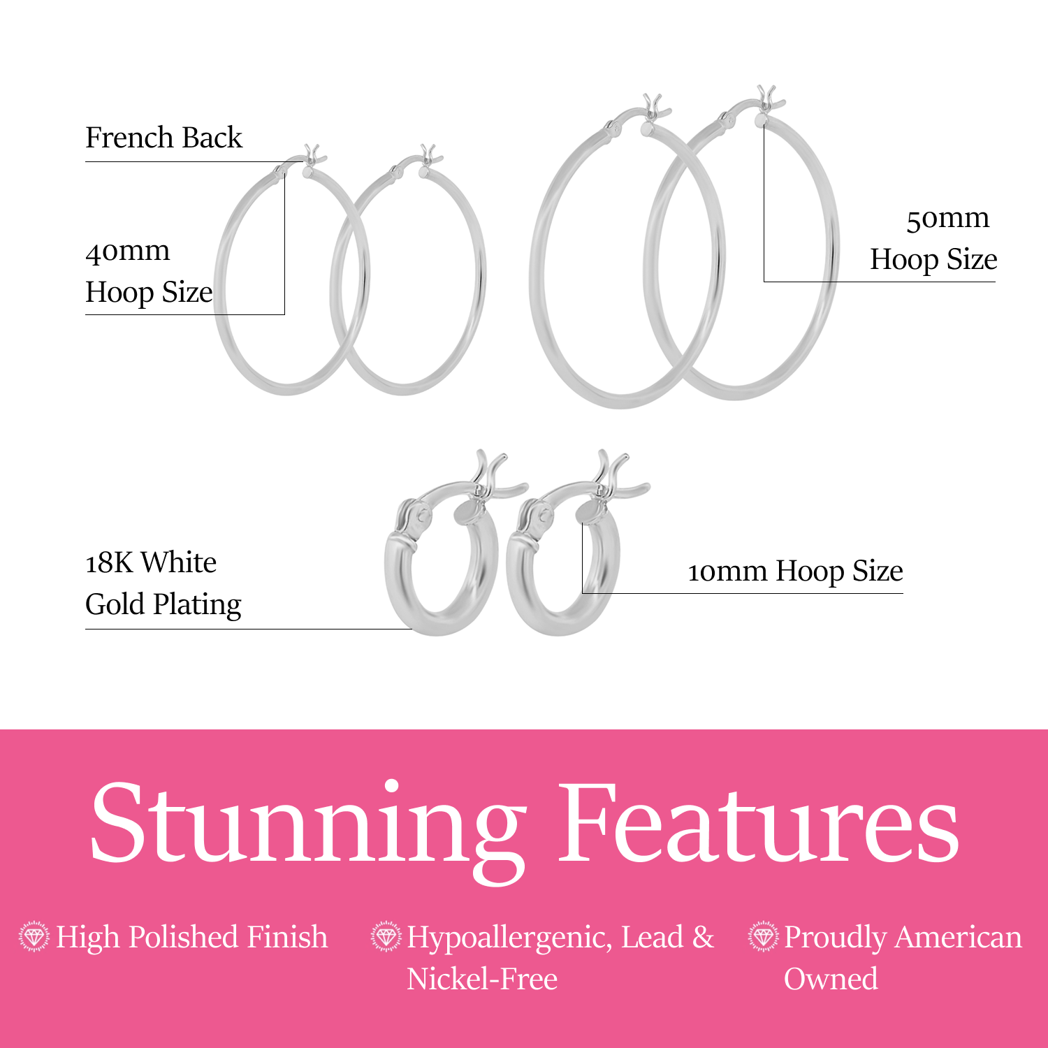 Pack of 3 - Monica 18k White Gold Plated 10/40/50mm Hoop Earrings
