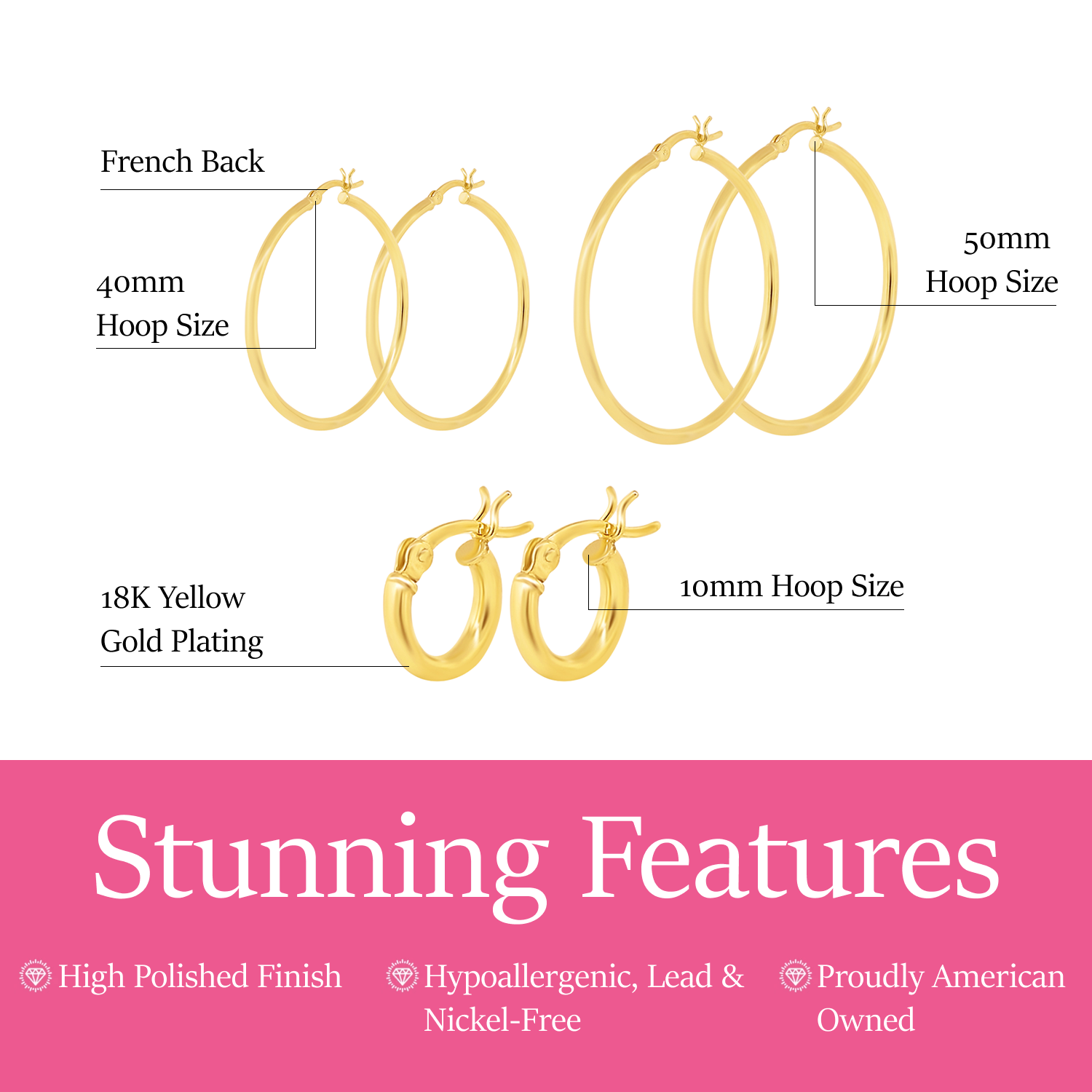 Pack of 3 - Monica 18k White Gold Plated 10/40/50mm Hoop Earrings