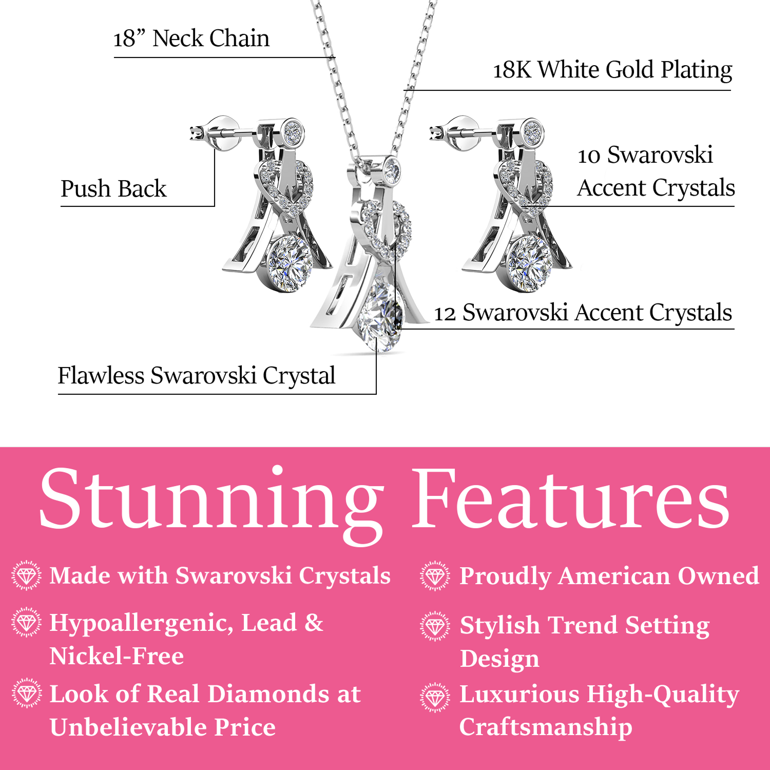 Serenity Birthstone 18k White Gold Plated Silver Earrings and Necklace Set with Swarovski Crystals