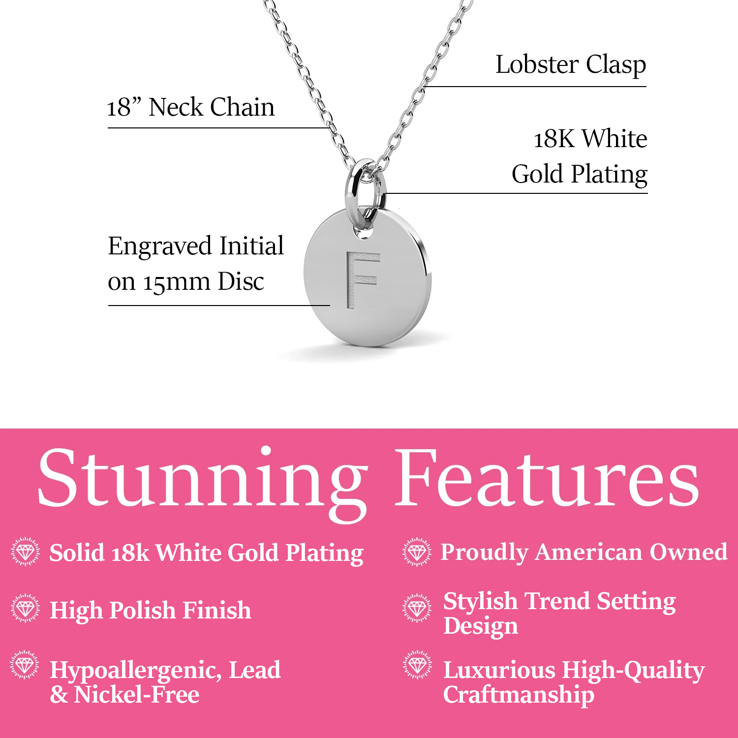 Summer Collection 18k White Gold Plated Engraved Initial Letter Pendant Necklace