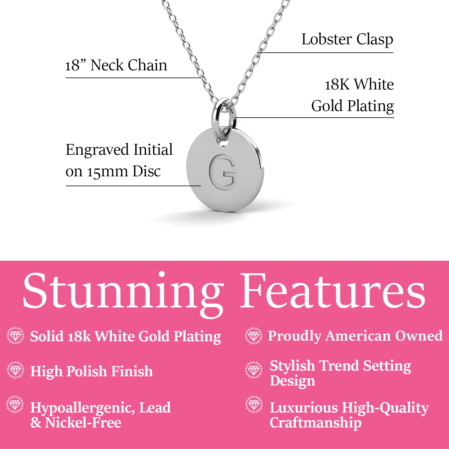 Summer Collection 18k White Gold Plated Engraved Initial Letter Pendant Necklace