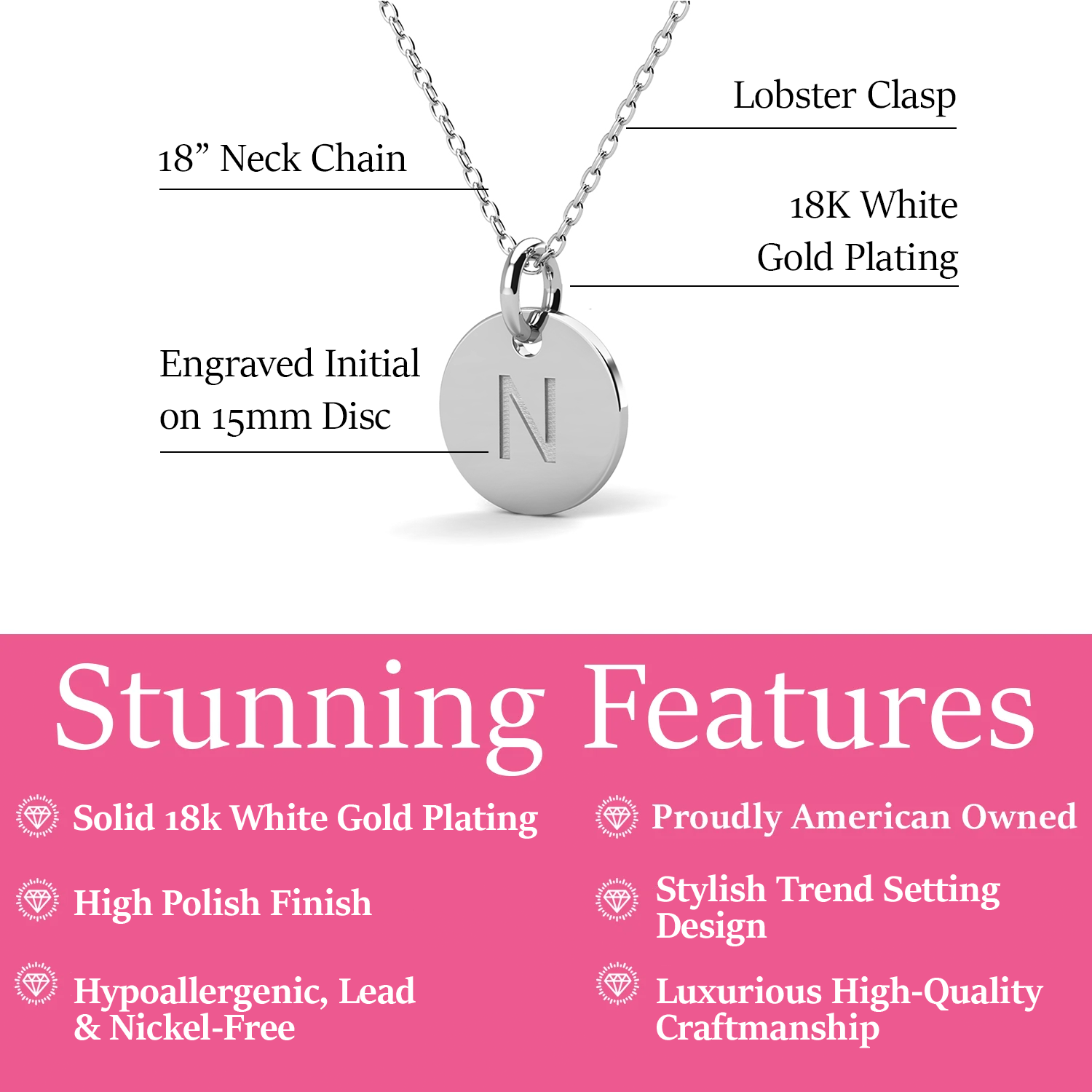 Summer Collection 18k White Gold Plated Engraved Initial Letter Pendant Necklace