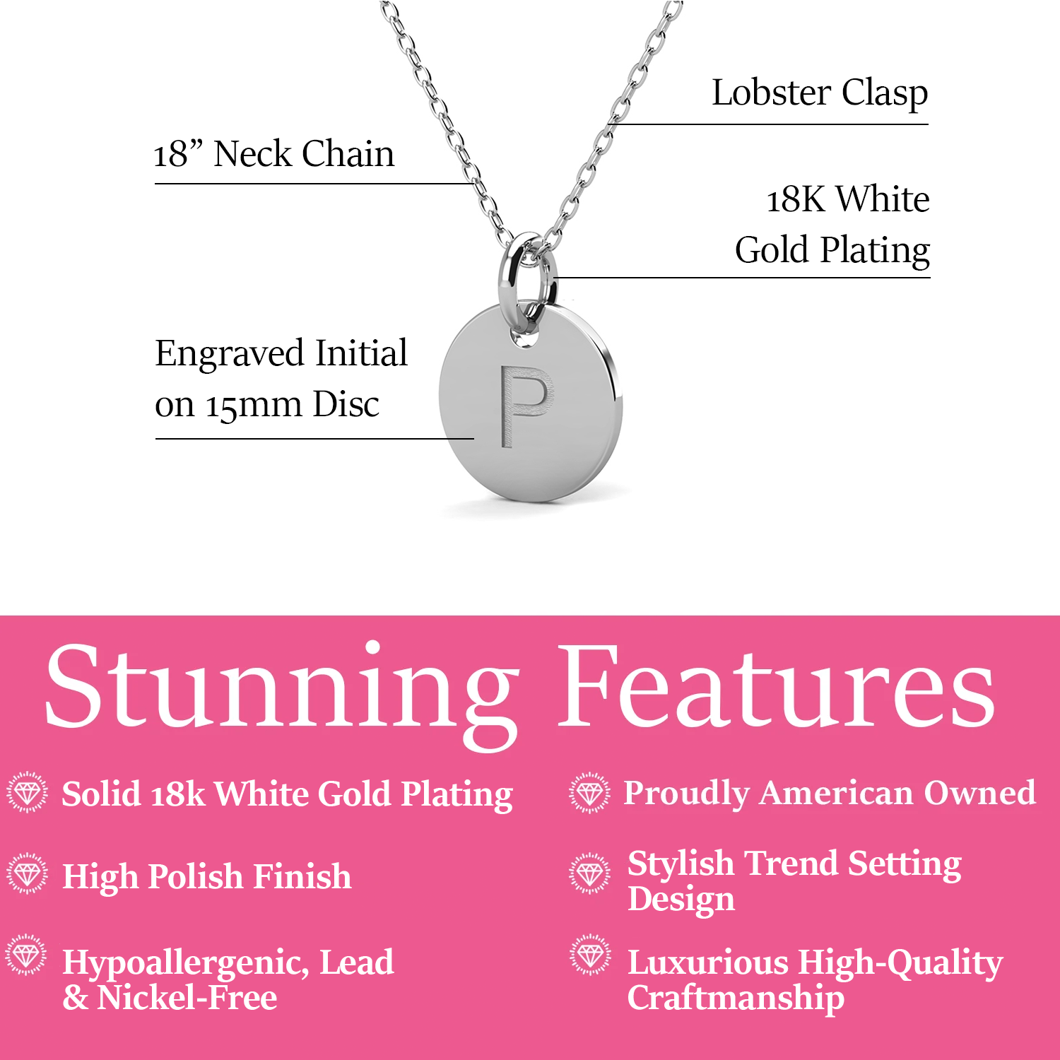 Summer Collection 18k White Gold Plated Engraved Initial Letter Pendant Necklace