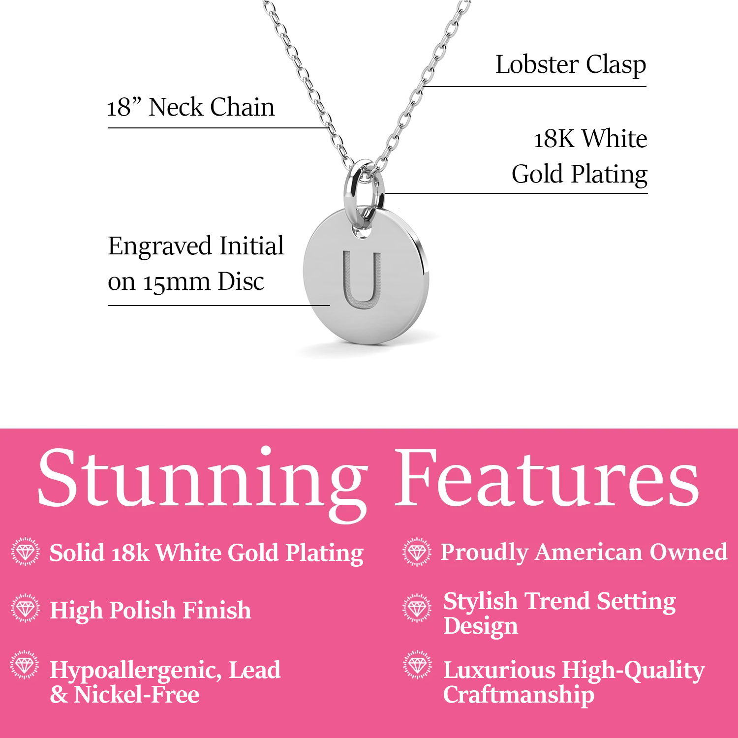 Summer Collection 18k White Gold Plated Engraved Initial Letter Pendant Necklace