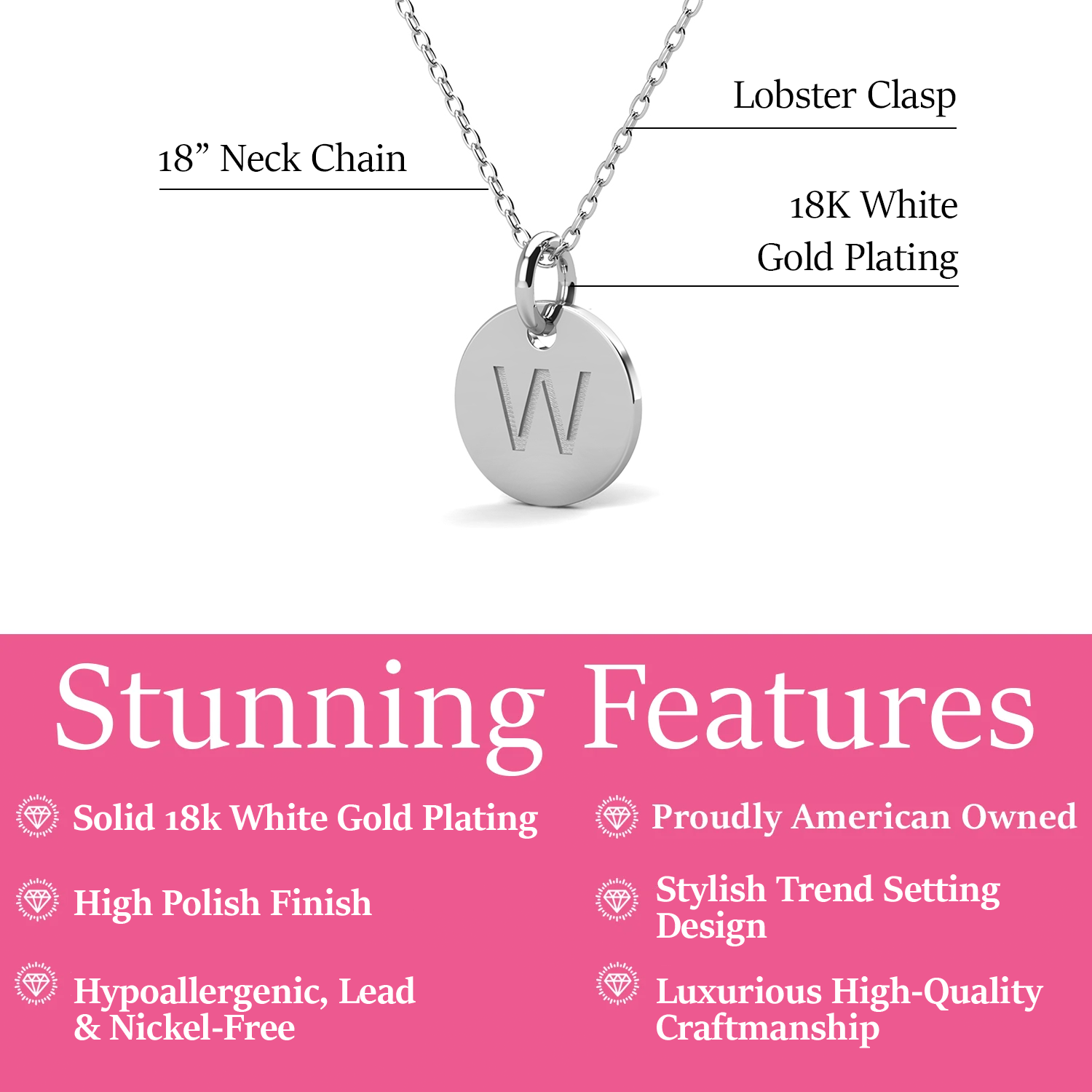 Summer Collection 18k White Gold Plated Engraved Initial Letter Pendant Necklace