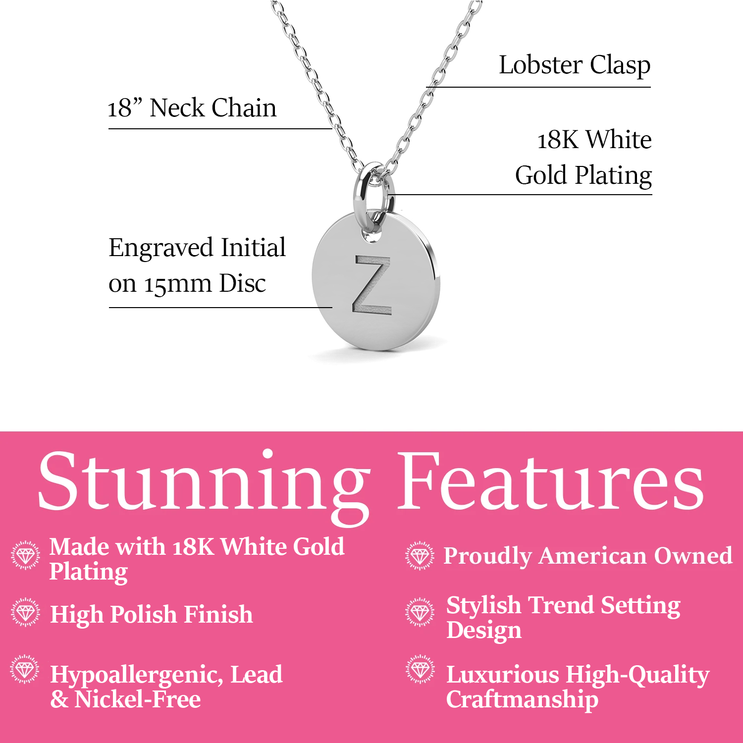 Summer Collection 18k White Gold Plated Engraved Initial Letter Pendant Necklace