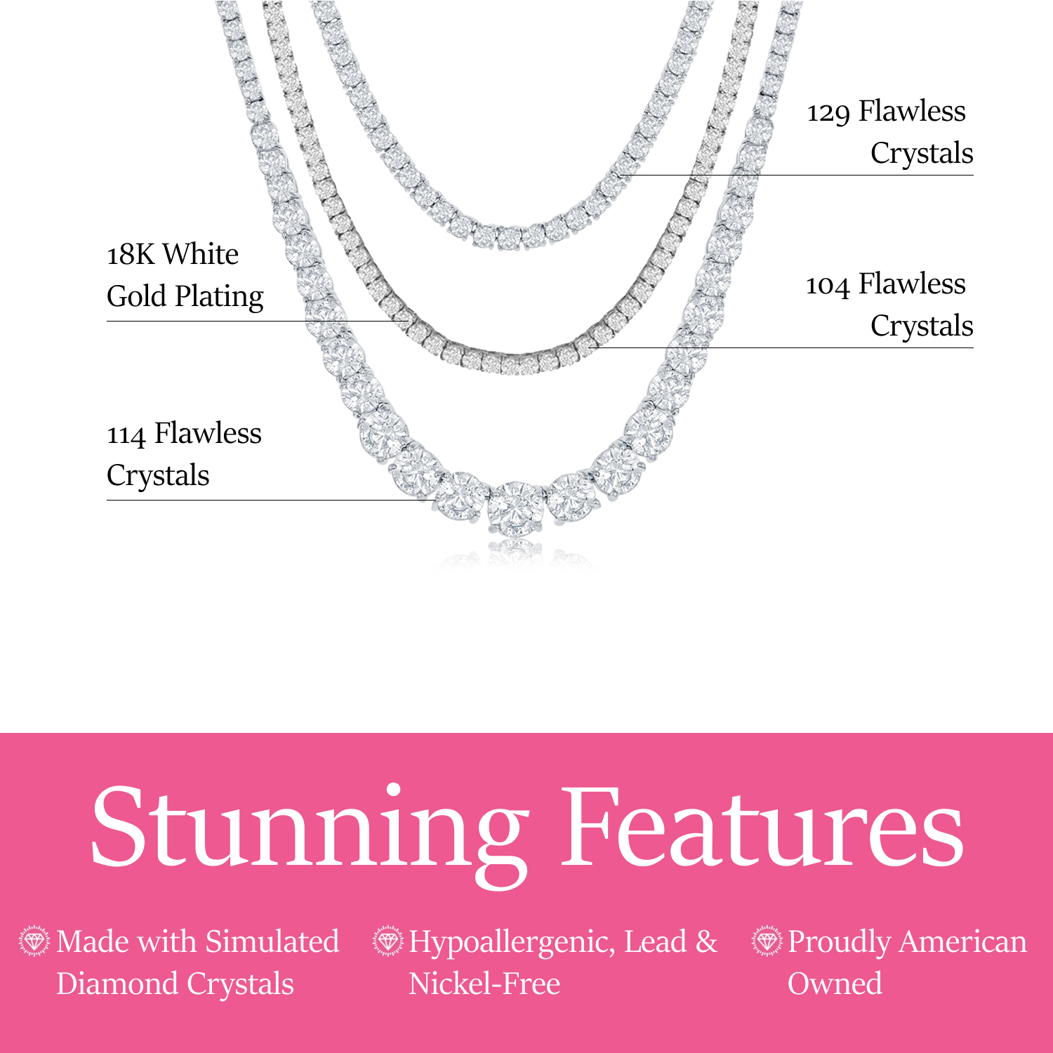 Pack of 3 - Whitney, Olivia, Kaylee 18k White Gold Plated Tennis Necklace with Simulated Diamond Crystals
