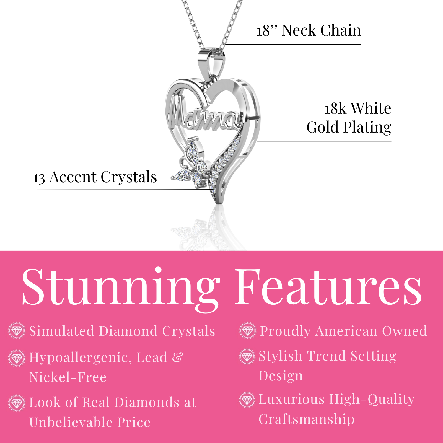 Mavis 18k White Gold Plated Mama Heart Pendant Necklace with Swarovski Crystals
