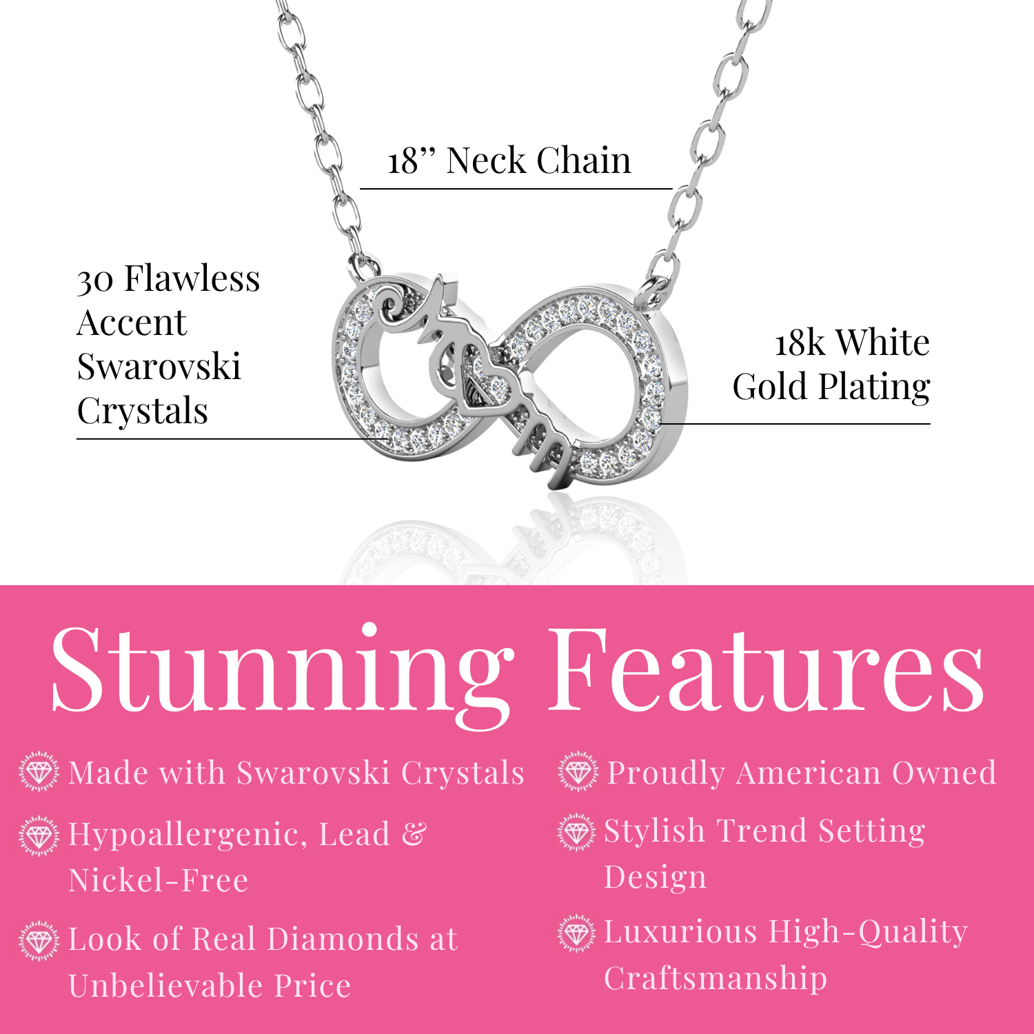 Robin 18k White Gold Plated Mom Infinity Necklace with Swarovski Crystals