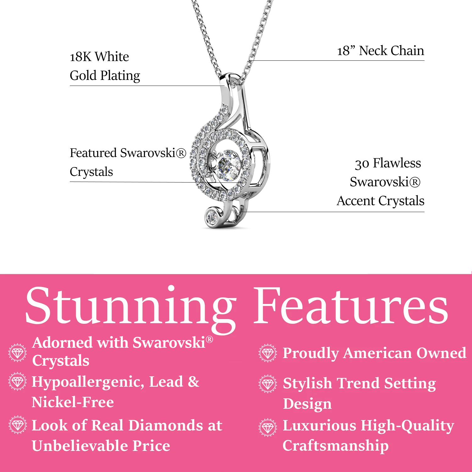 Jolene 18k White Gold Plated G-Clef Dancing Pendant Necklace with Swarovski Crystals