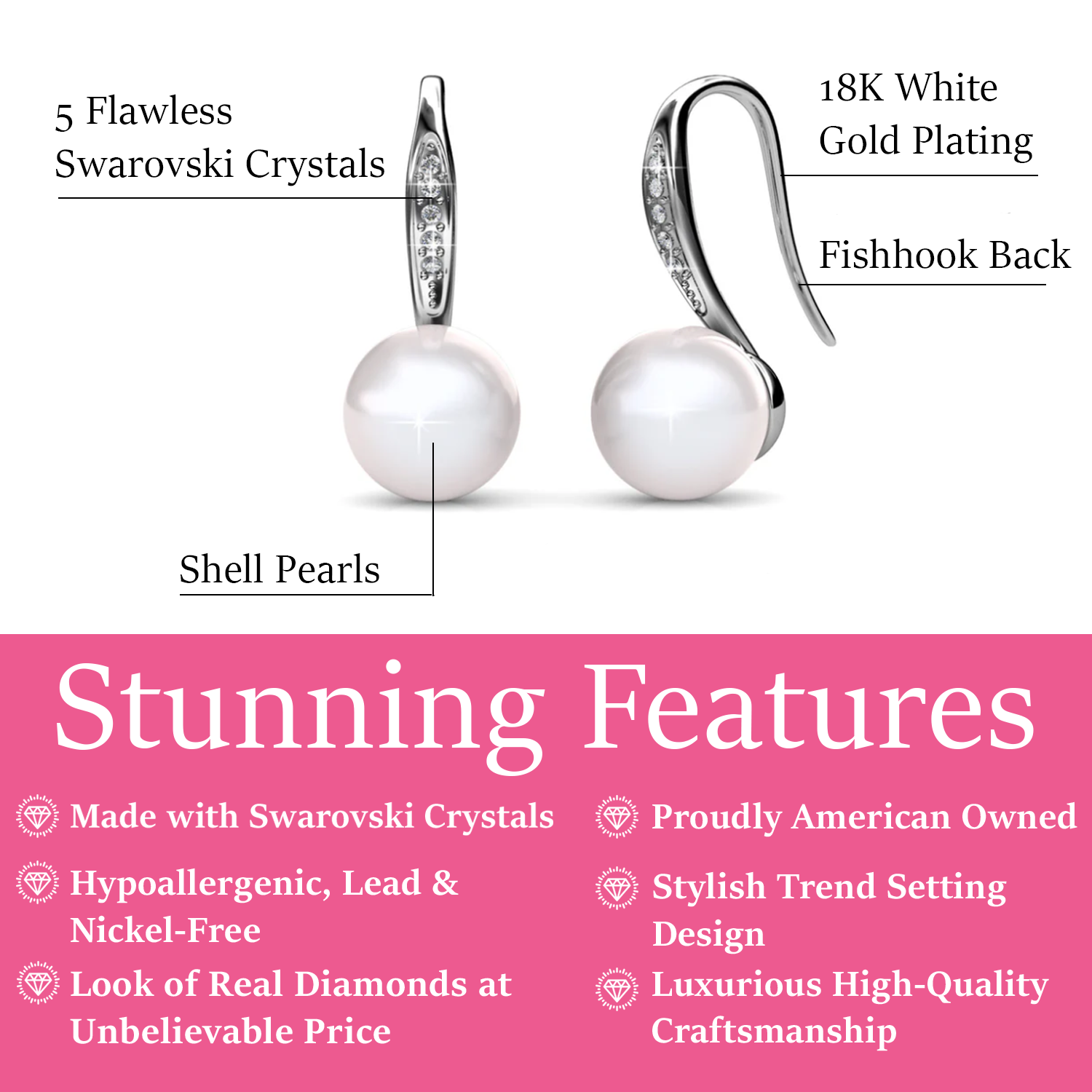 Ann 18k White Gold Shell Pearl Drop Earrings with Swarovski Crystals