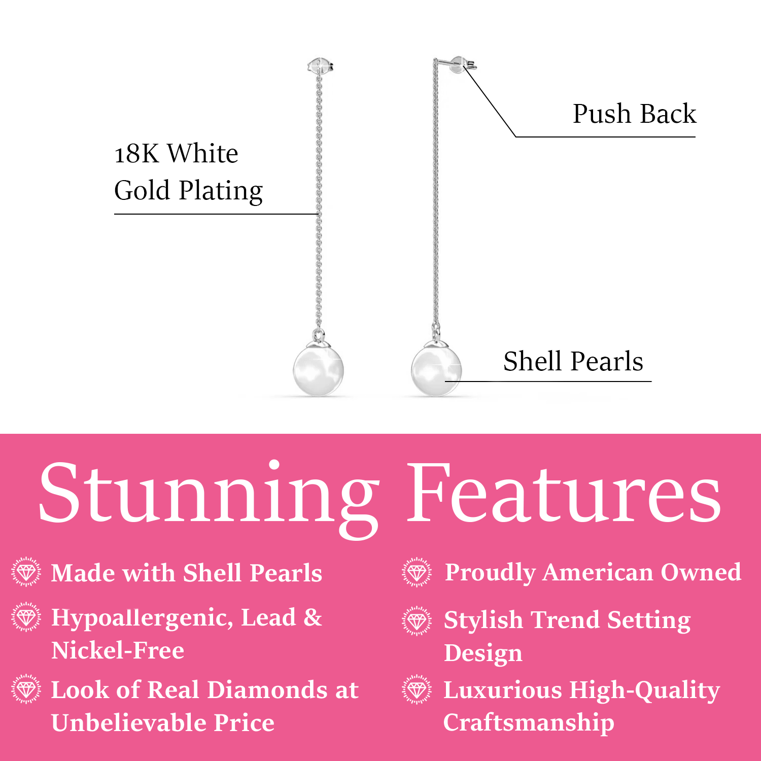 Aspen 18k White Gold Plated Pearl Dangle Earrings with Pearl and Swarovski Crystals