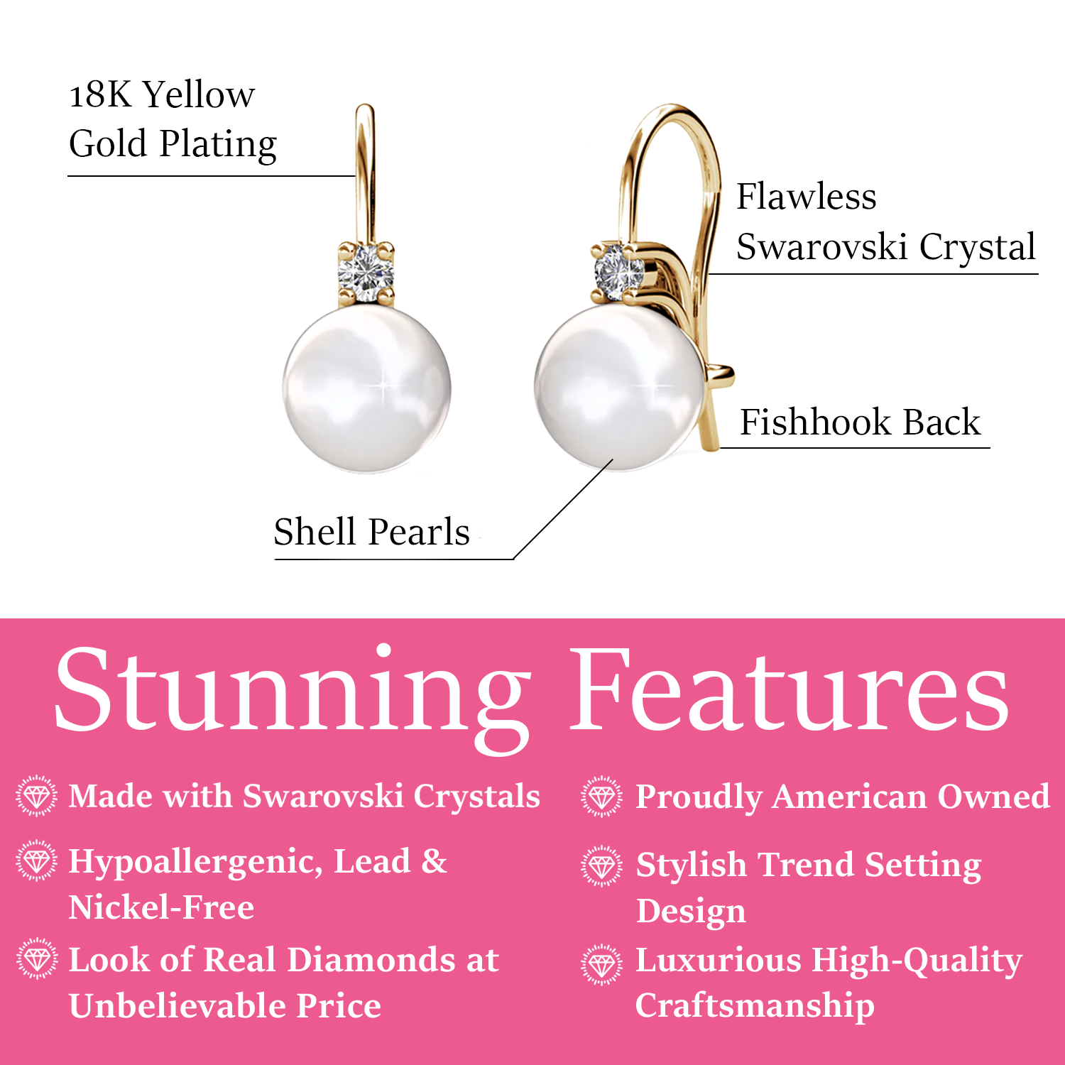 Cassie 18k White Gold Pearl Drop Earrings with Swarovski Crystal