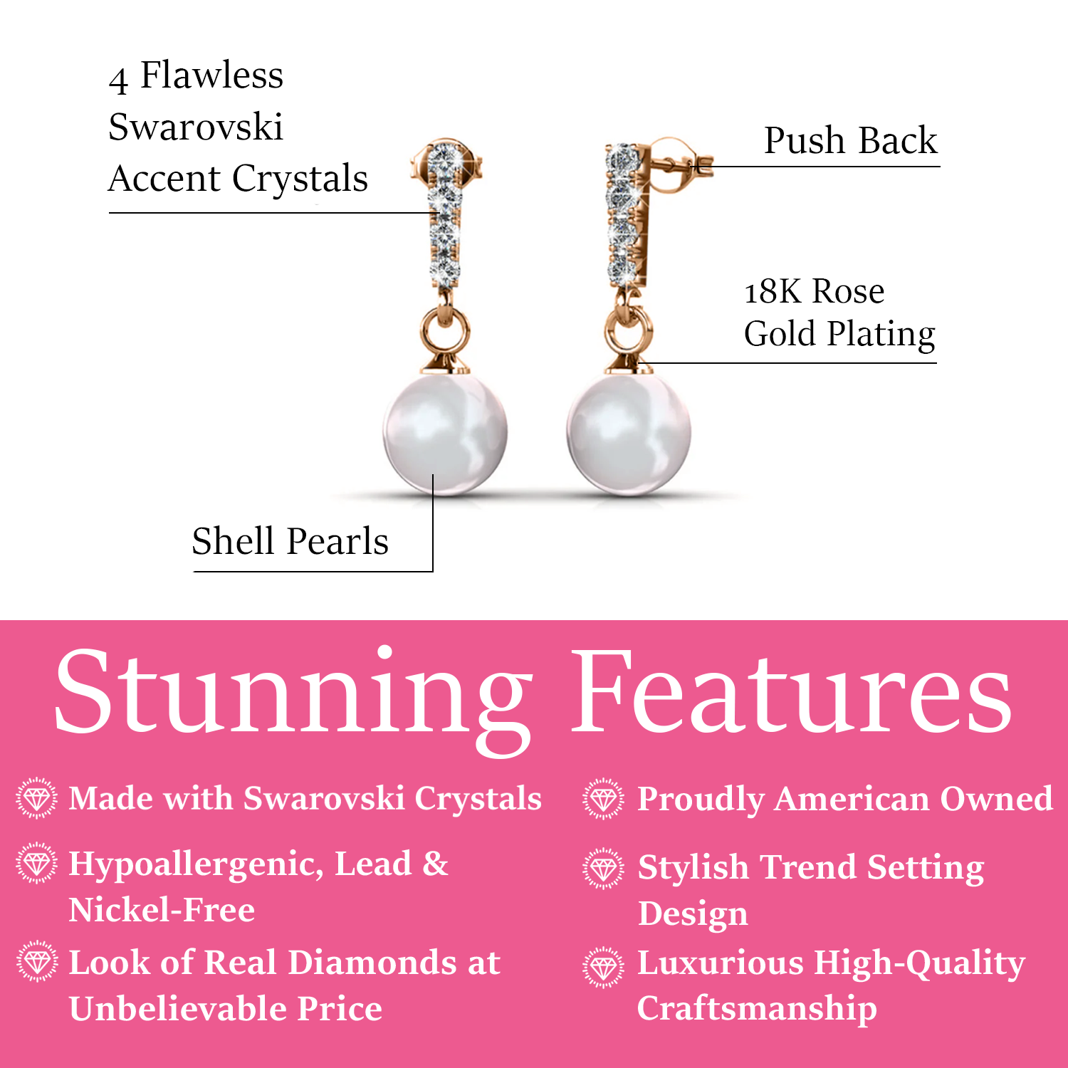 Gabrielle 18k White Gold Pearl Drop Earrings with Swarovski Crystals